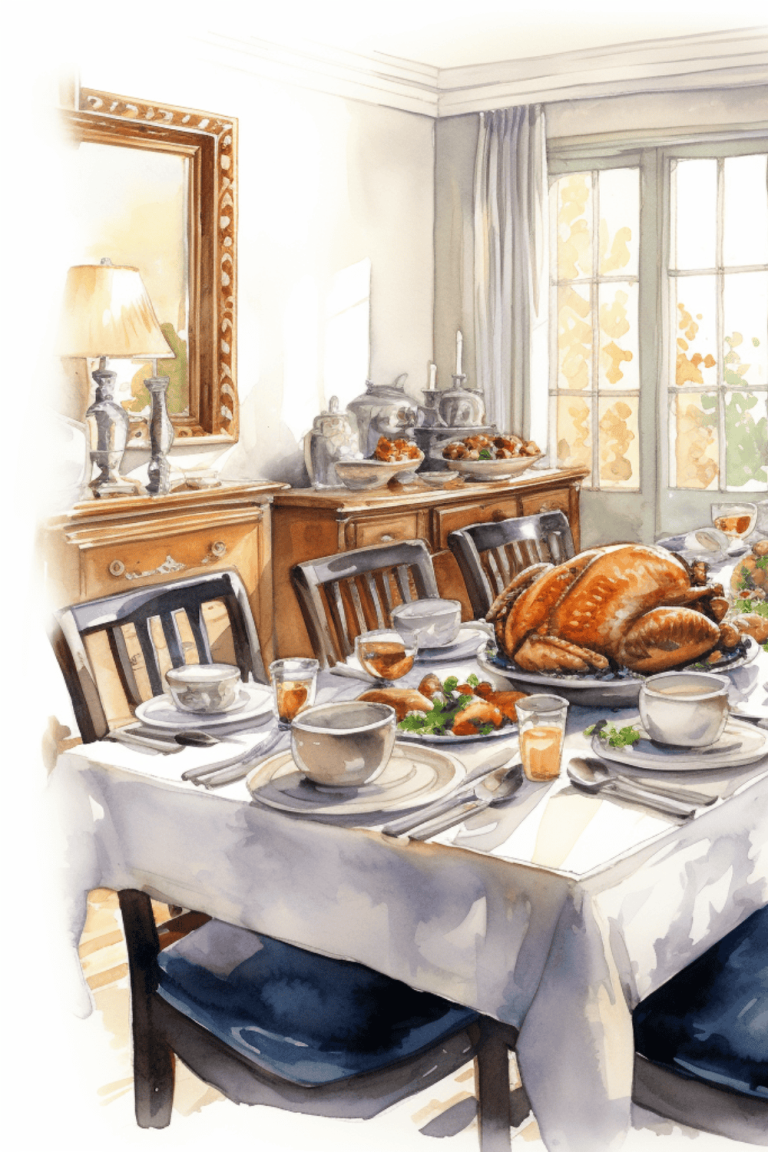 How To Keep Food Warm for Thanksgiving Dinner a water color of a thanksgiving table with food and dishes and a large roasted turkey in the middle.