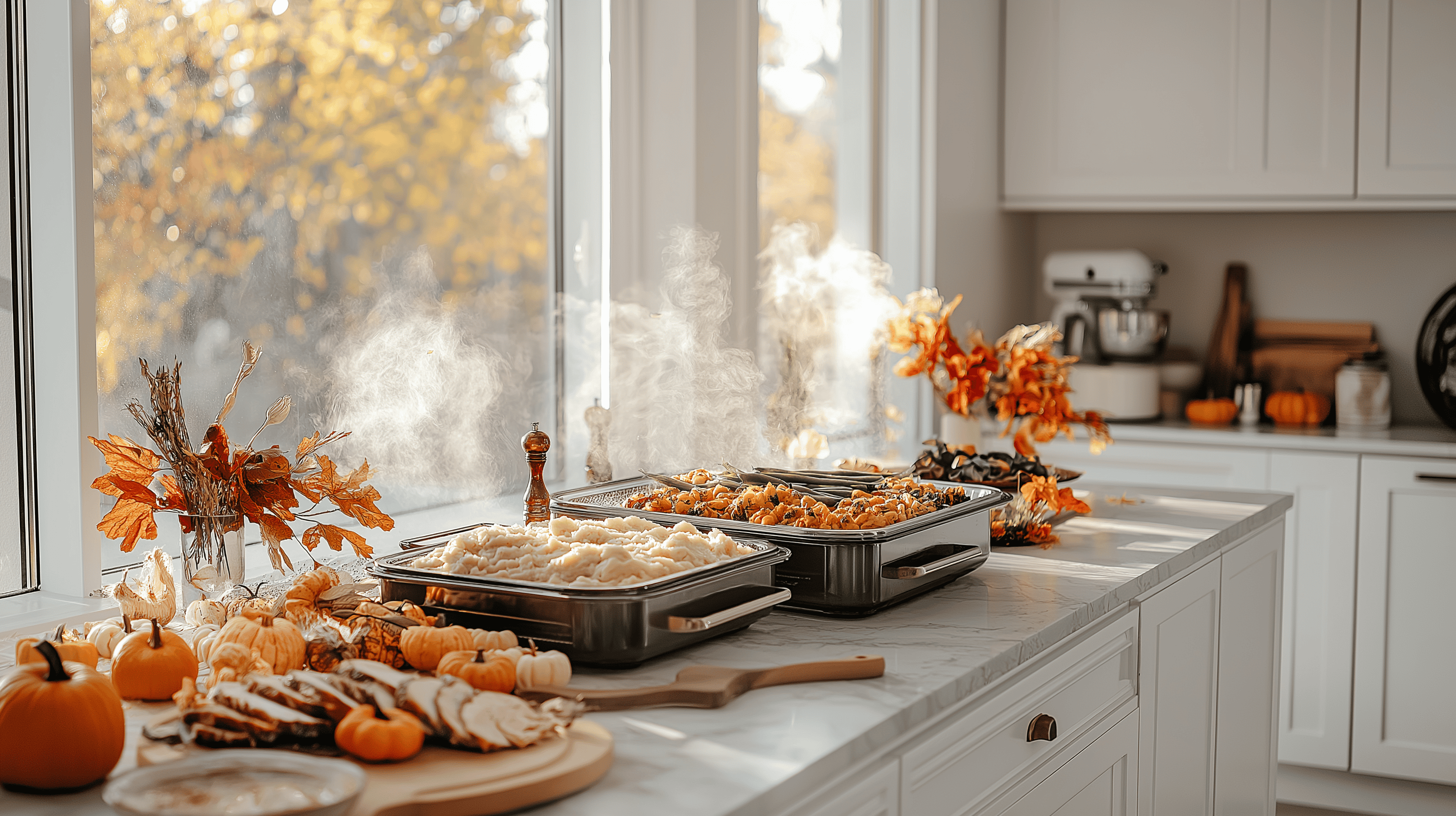 Modern kitchen with a 3-section buffet warmer holding mashed potatoes, green bean casserole, and turkey, decorated with pumpkins and autumn leaves.