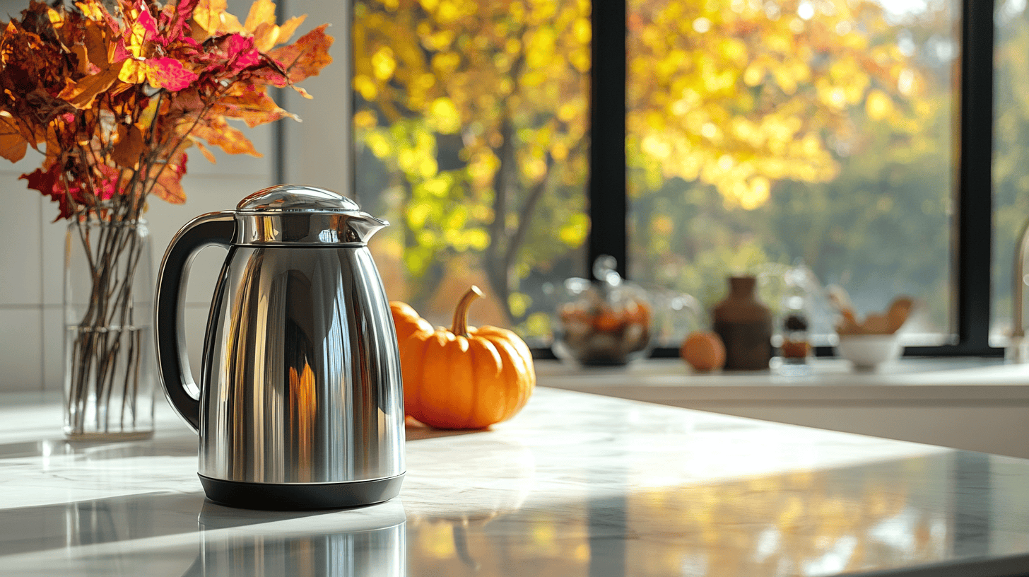 Close-up of a sleek thermal coffeemaker carafe on a marble countertop in a bright modern kitchen, with subtle fall decor like small pumpkins and autumn leaves in the background.
