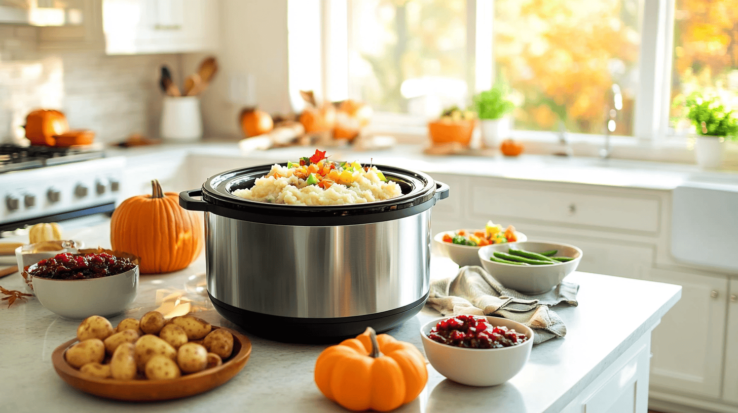 Bright modern kitchen with a Crockpot on the countertop surrounded by Thanksgiving side dishes, including mashed potatoes, green bean casserole, and cranberry sauce. Festive fall decorations like small pumpkins and leaves add a cozy holiday touch, with natural light streaming through large windows onto sleek white cabinets and marble countertops.