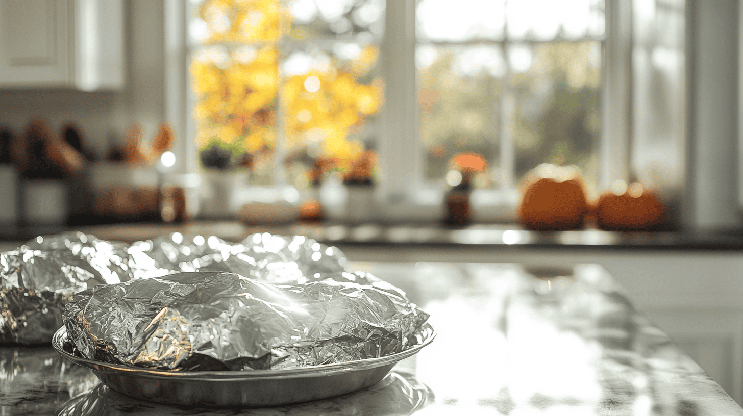 Close-up view of Thanksgiving dishes wrapped in shiny aluminum foil on a marble countertop, The reflective foil glimmers in the natural light streaming through large windows in a modern kitchen, with small pumpkins and autumn leaves adding a festive holiday touch in the background.