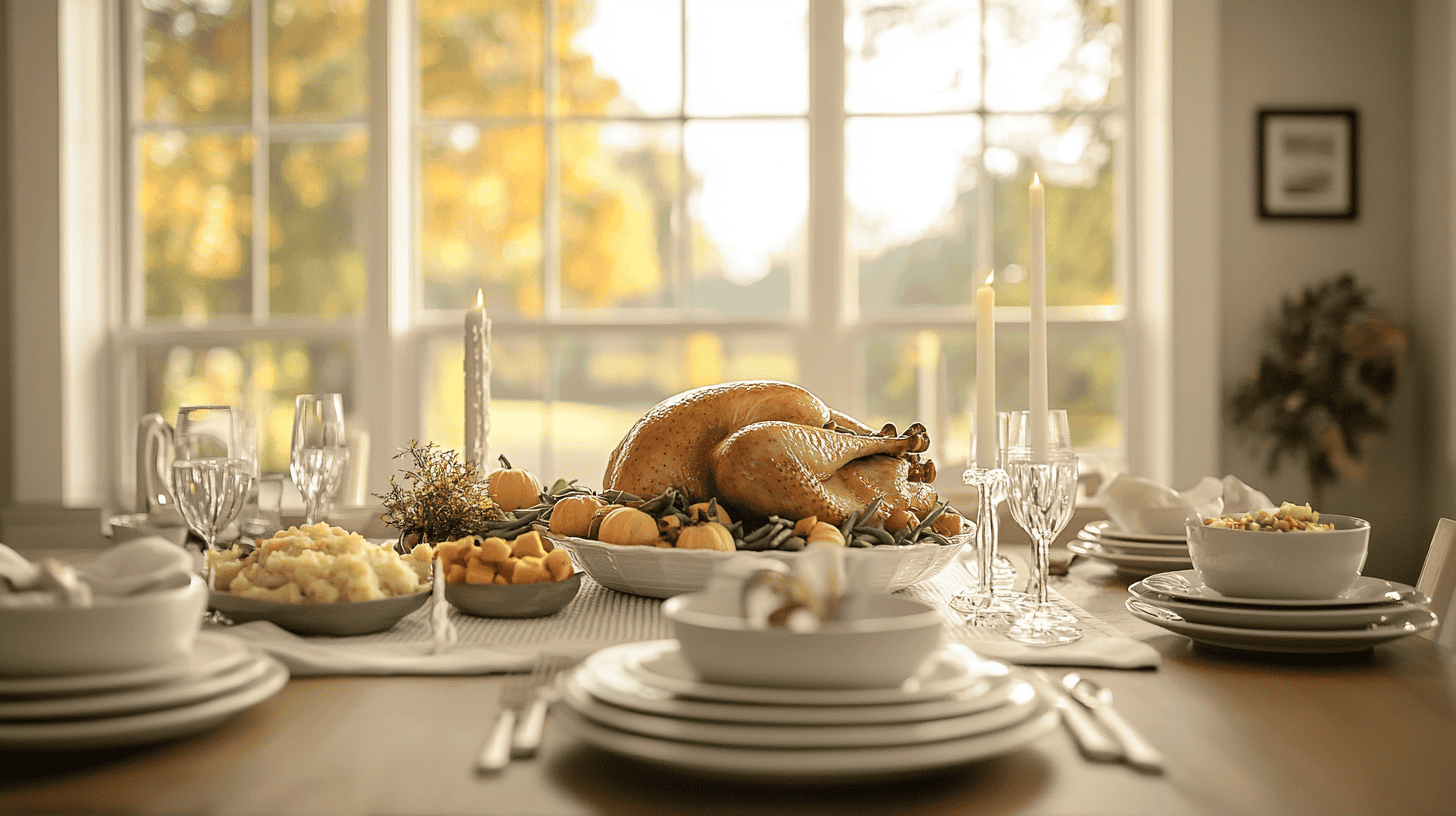 A watercolor-style illustration of a warm Thanksgiving table spread, featuring a golden-brown roasted turkey as the centerpiece, surrounded by mashed potatoes, green beans, rolls, and fall-themed decorations like pumpkins and candles. The rustic table setting is complemented by soft, vibrant watercolor tones, creating a cozy holiday atmosphere.