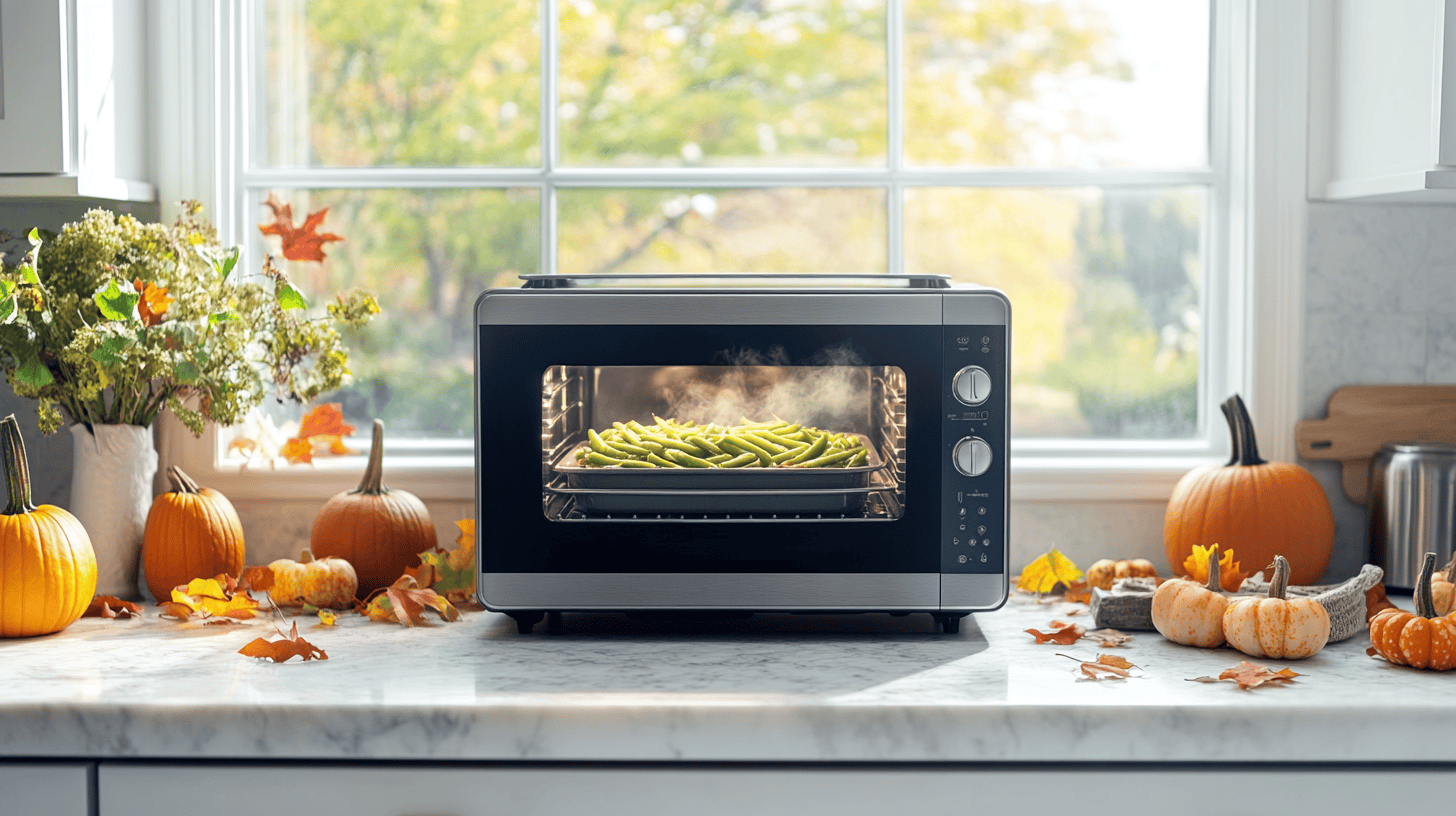 Toaster oven on a marble countertop, keeping green bean casserole warm, with festive pumpkins and autumn leaves nearby.