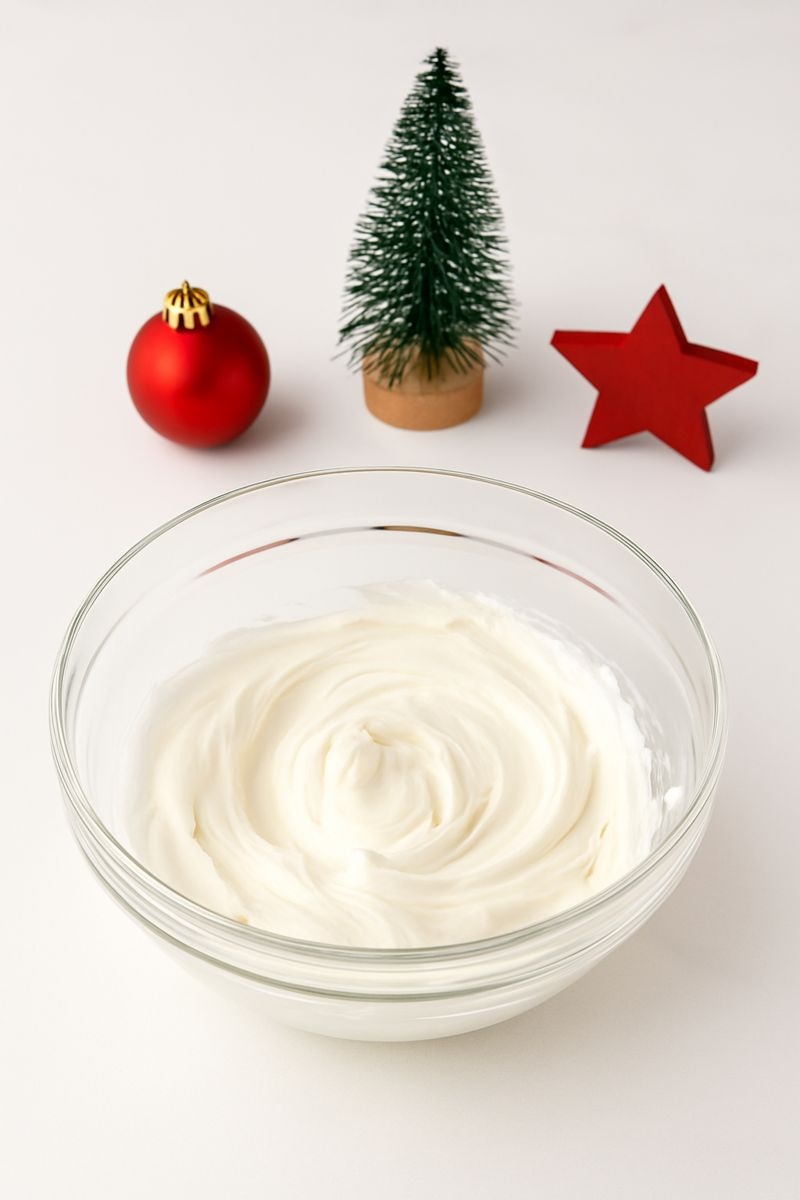 Clear glass mixing bowl filled with white powdered sugar frosting on a white counter, with simple Christmas decorations nearby, perfect for holiday baking and cookie decorating.