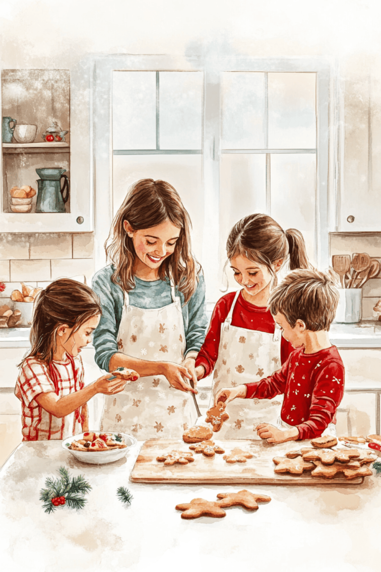 watercolor illustration of a mom and 2 girls and a boy making gingerbread cookies in a kitchen