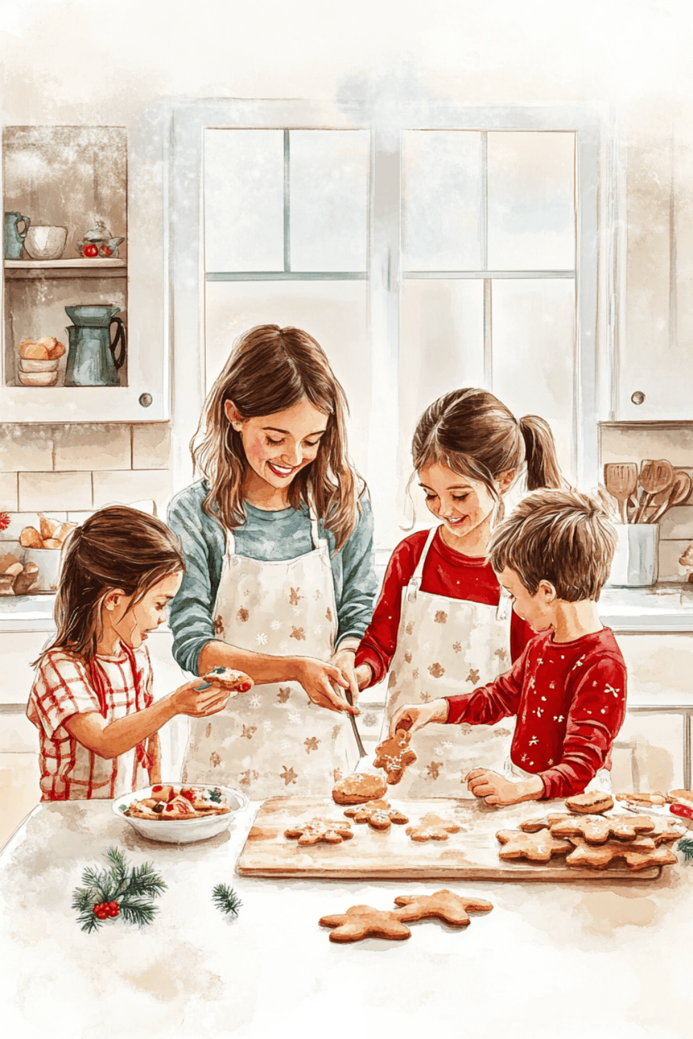 watercolor illustration of a mom and 2 girls and a boy making gingerbread cookies in a kitchen