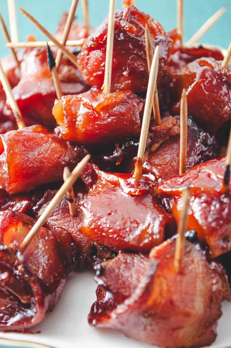 Bacon Wrapped Water Chestnuts with Pre-Cooked Bacon (Rumaki) close up of the cooked chestnuts.