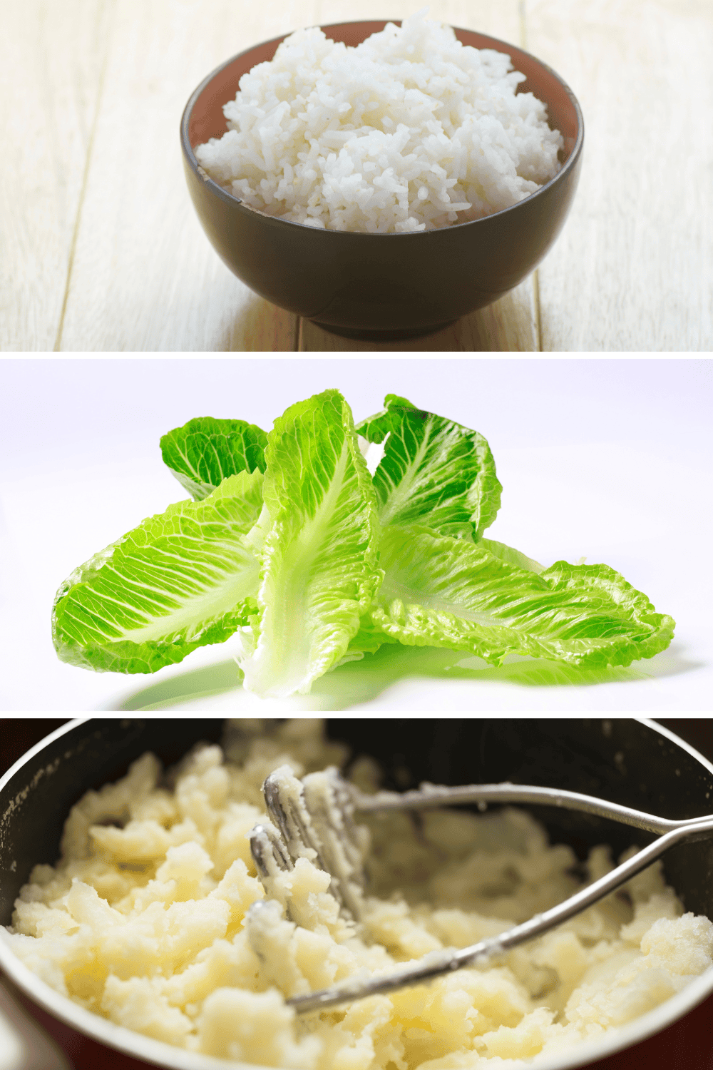 three images in one, rice in a bowl, lettuce leaf for lettuce wrap and mashed potatoes