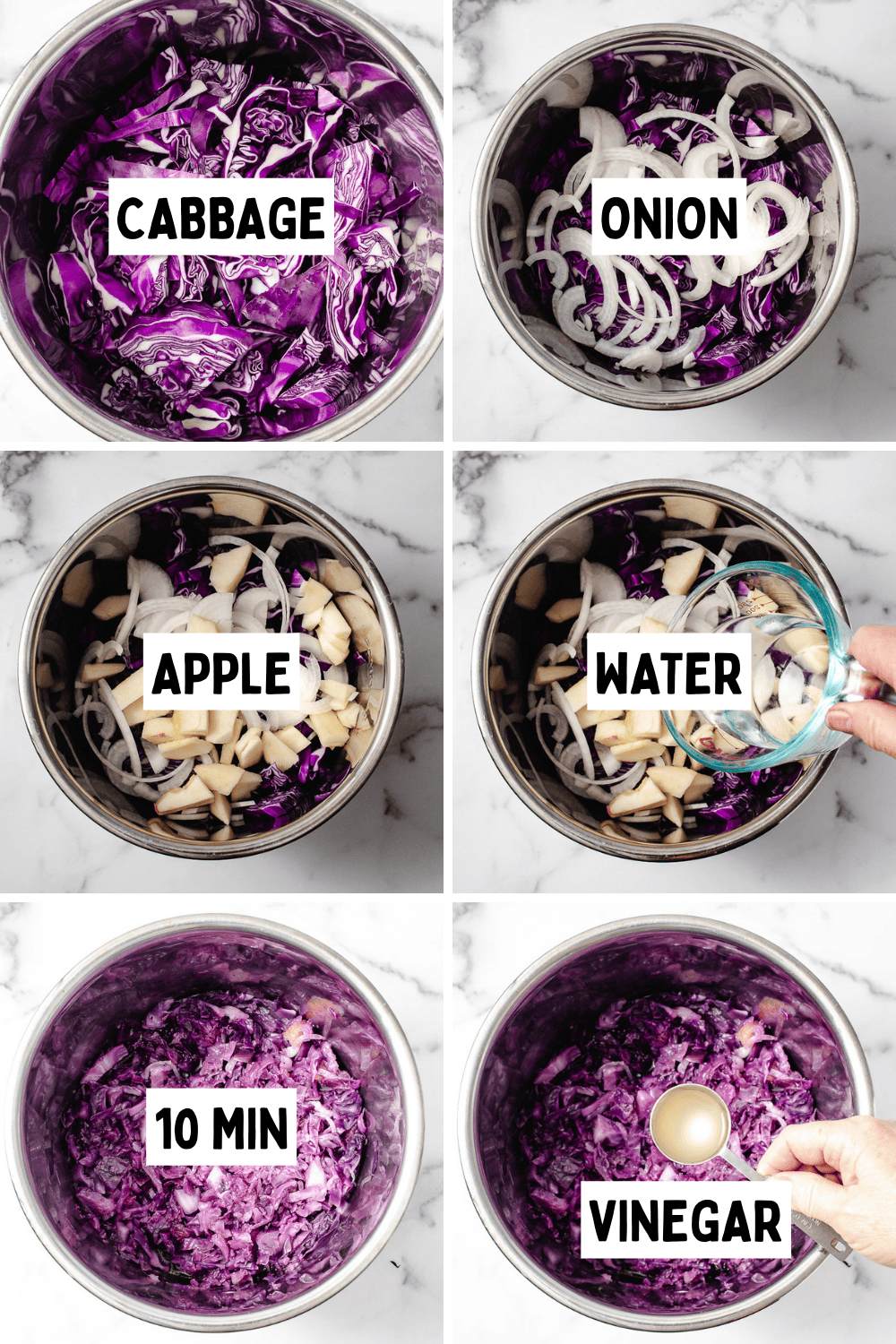 Instant Pot German Red Cabbage with Apple, 6 images of how to make shredded cabbage onion apple water 10 min add vinegar.
