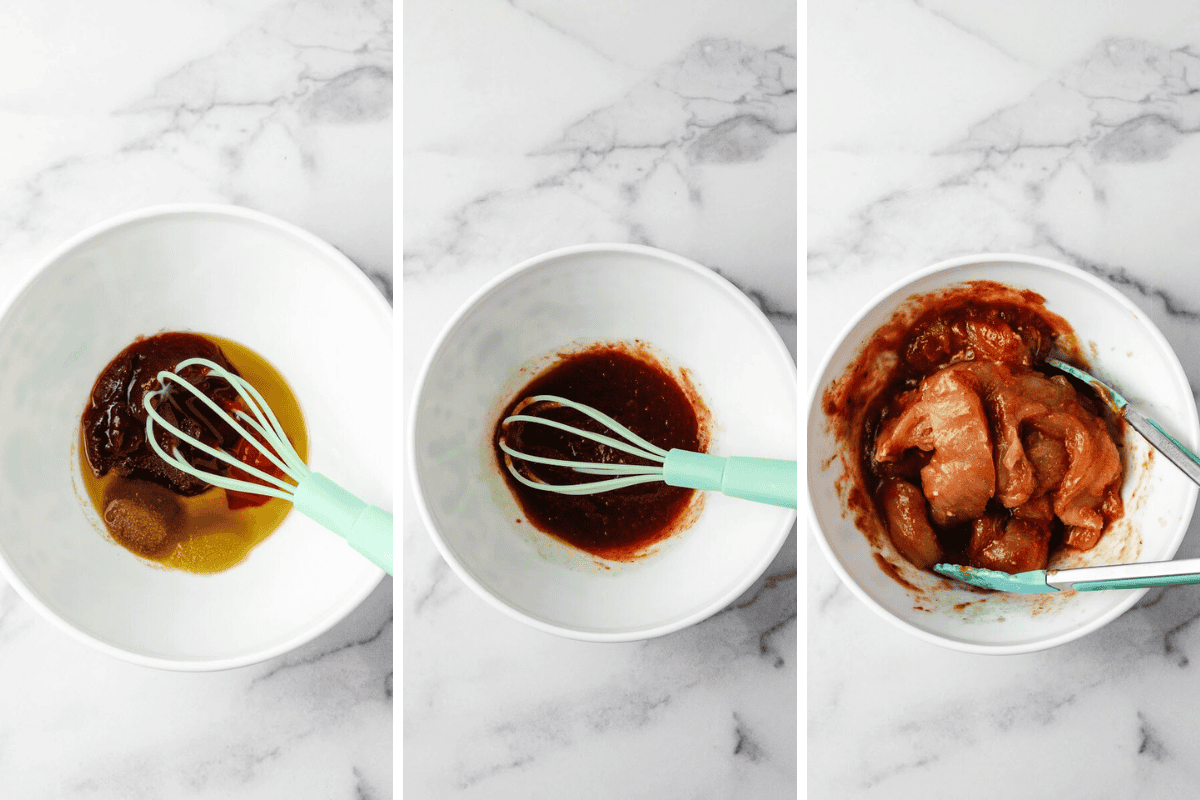 A three-step sequence of preparing Bang Bang Chicken: First, a white bowl with Bang Bang Sauce ingredients (Sriracha Sauce, oil, and spices) and a light blue whisk. Second, the same bowl with the Spicy Sauce mixed into a smooth consistency. Third, chunks of raw chicken being tossed in the sauce with light blue tongs, all on a marble countertop.