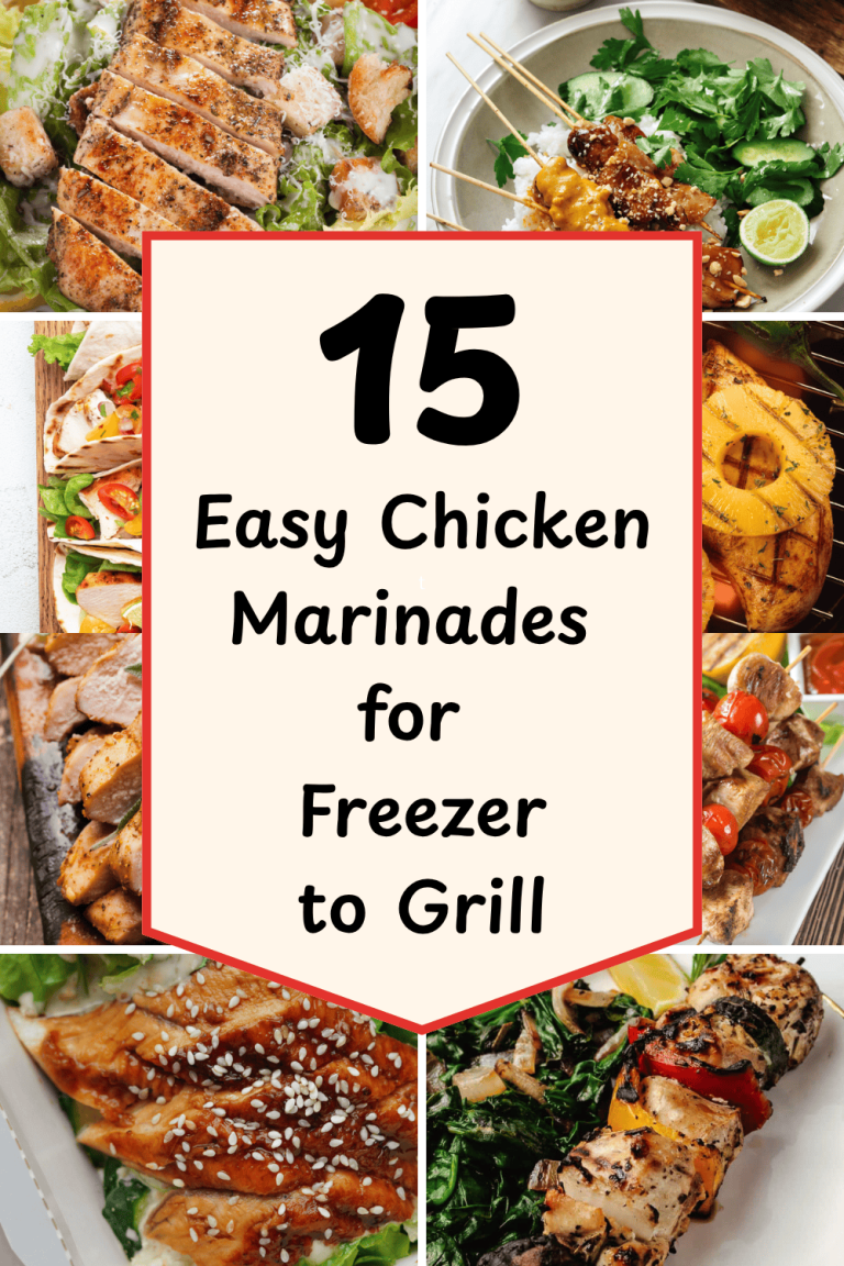 Collage of various grilled and marinated chicken dishes surrounding a bold center box that reads “15 Easy Chicken Marinades for Freezer to Grill.” The image features skewers, tacos, salad, grilled pineapple, sesame chicken, and sliced chicken breasts, visually representing a variety of easy, flavorful marinade ideas.