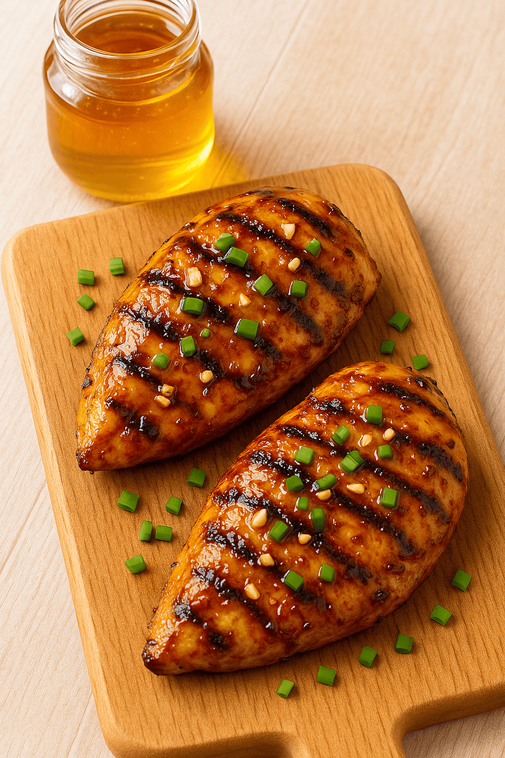 Top-down view of grilled chicken breasts glazed with a honey soy garlic marinade, resting on a rustic wooden cutting board. The chicken is golden-brown and slightly charred, with visible bits of garlic and green herbs. A glass jar of honey sits beside the board, adding a warm, natural touch to the scene.