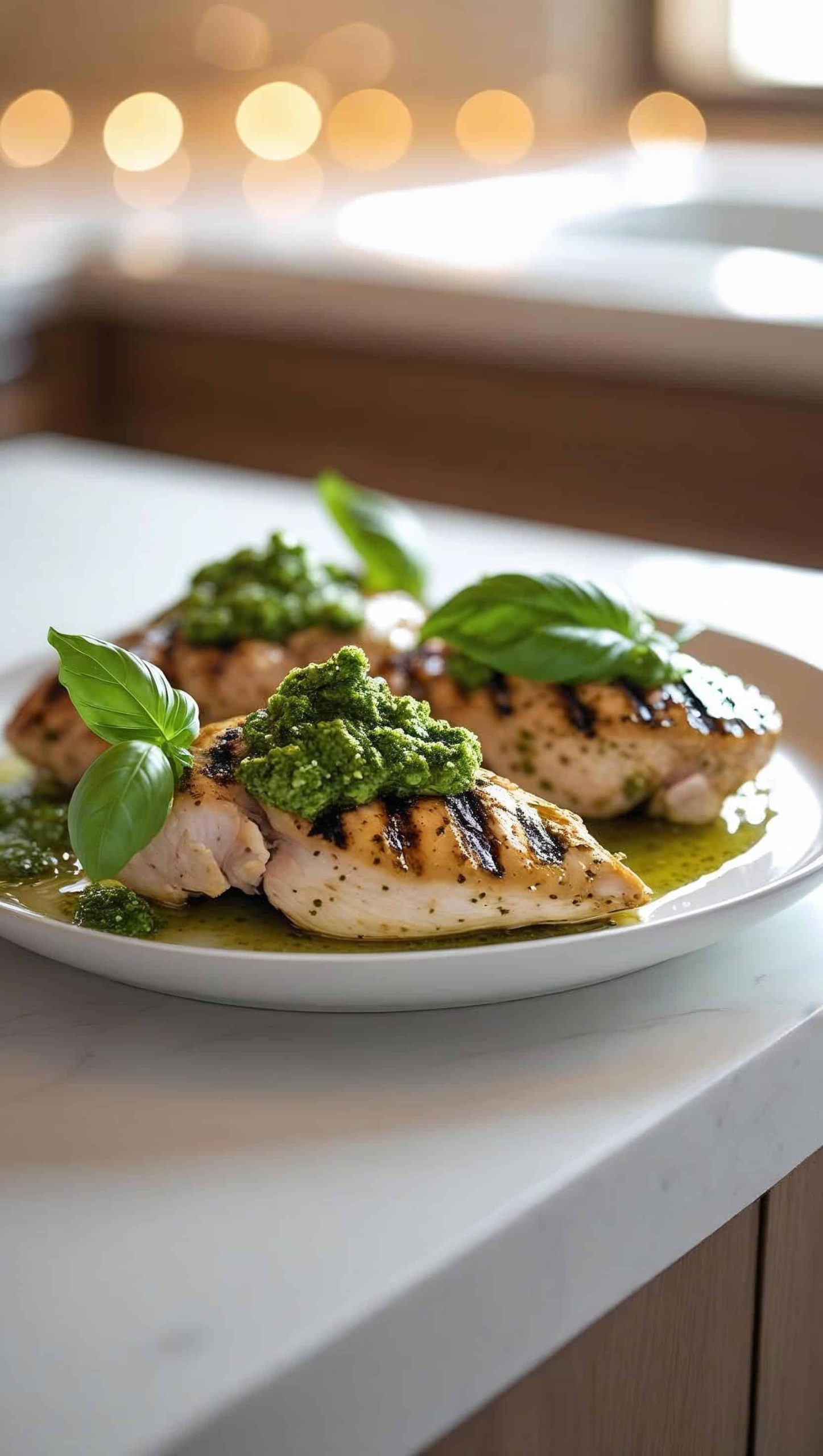 Grilled chicken breasts topped with fresh basil pesto on a white plate, garnished with basil leaves and drizzled with sauce. This flavorful pesto marinated chicken is perfect for quick dinners and features a vibrant chicken with pesto sauce made from a simple basil pesto chicken recipe—an easy favorite among healthy chicken pesto meals.