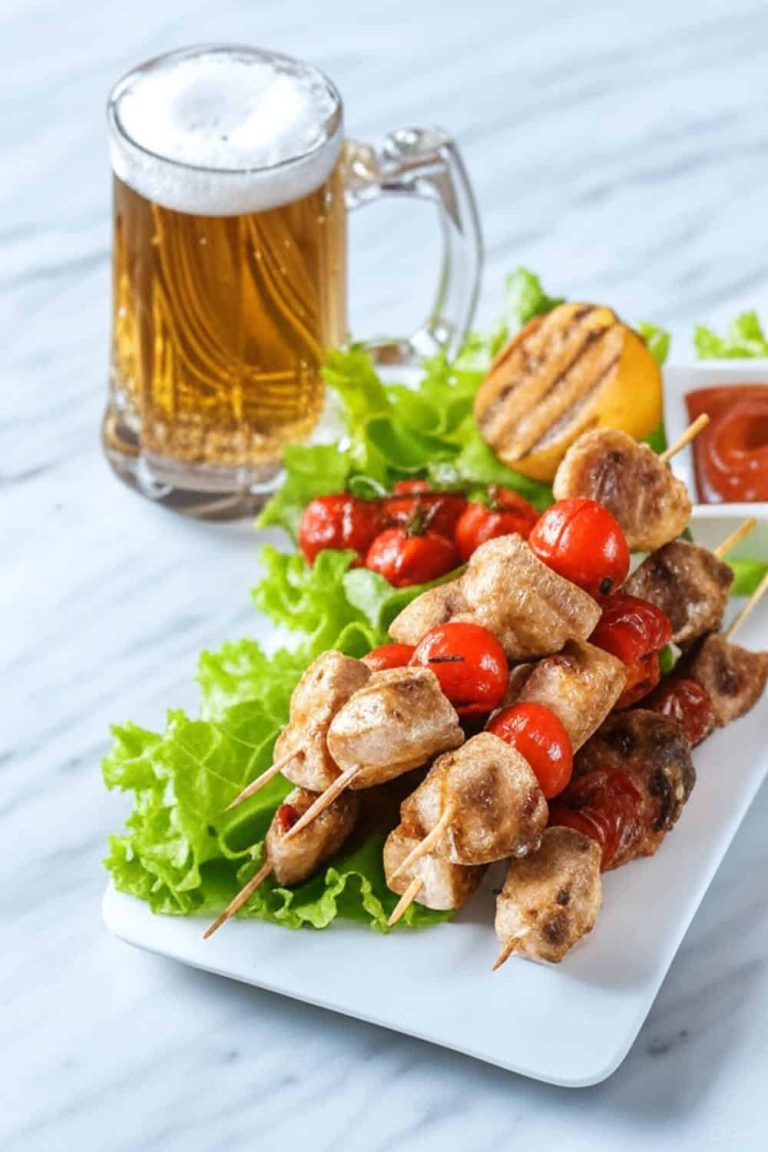 A bright and appetizing meal featuring grilled chicken and cherry tomato skewers served on a bed of fresh green lettuce, accompanied by a grilled lemon slice and a small bowl of ketchup. The dish is presented on a white plate placed on a white marble counter. Next to the plate is a tall glass of frothy beer with a handle, adding to the casual dining atmosphere.