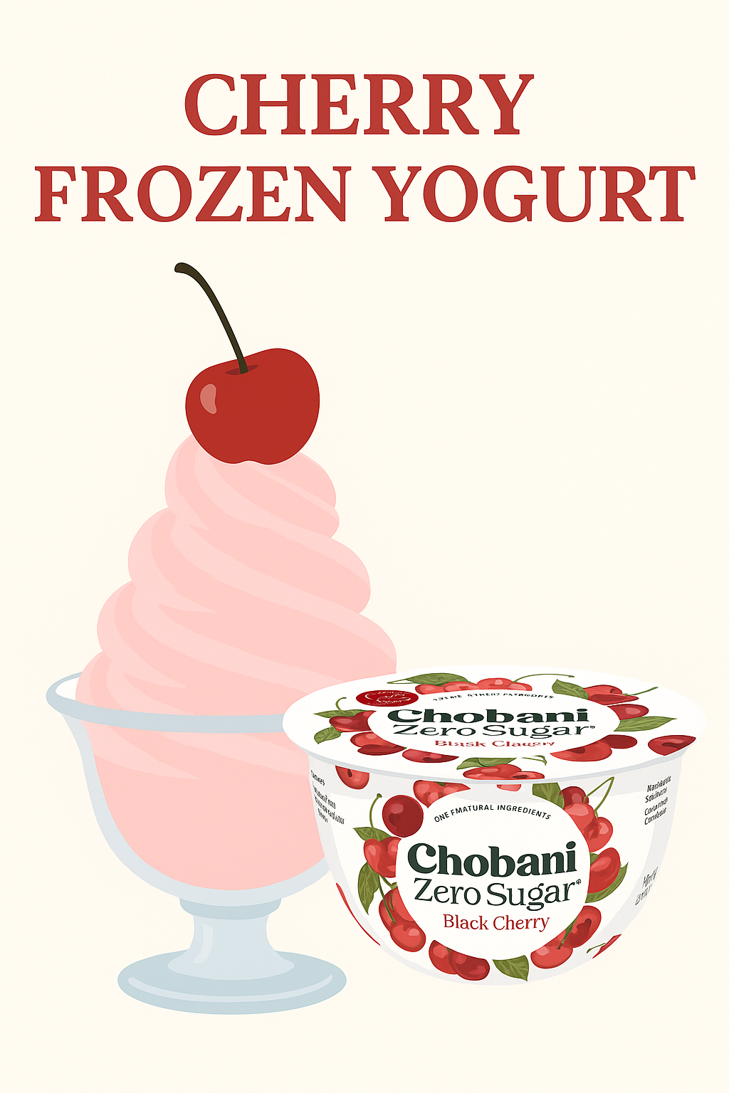 Cherry Ninja Creami Frozen Yogurt Recipe illustration featuring a swirl of cherry frozen yogurt and a Chobani Black Cherry yogurt cup. A fun and healthy addition to your Frozen Cherry Recipes collection.