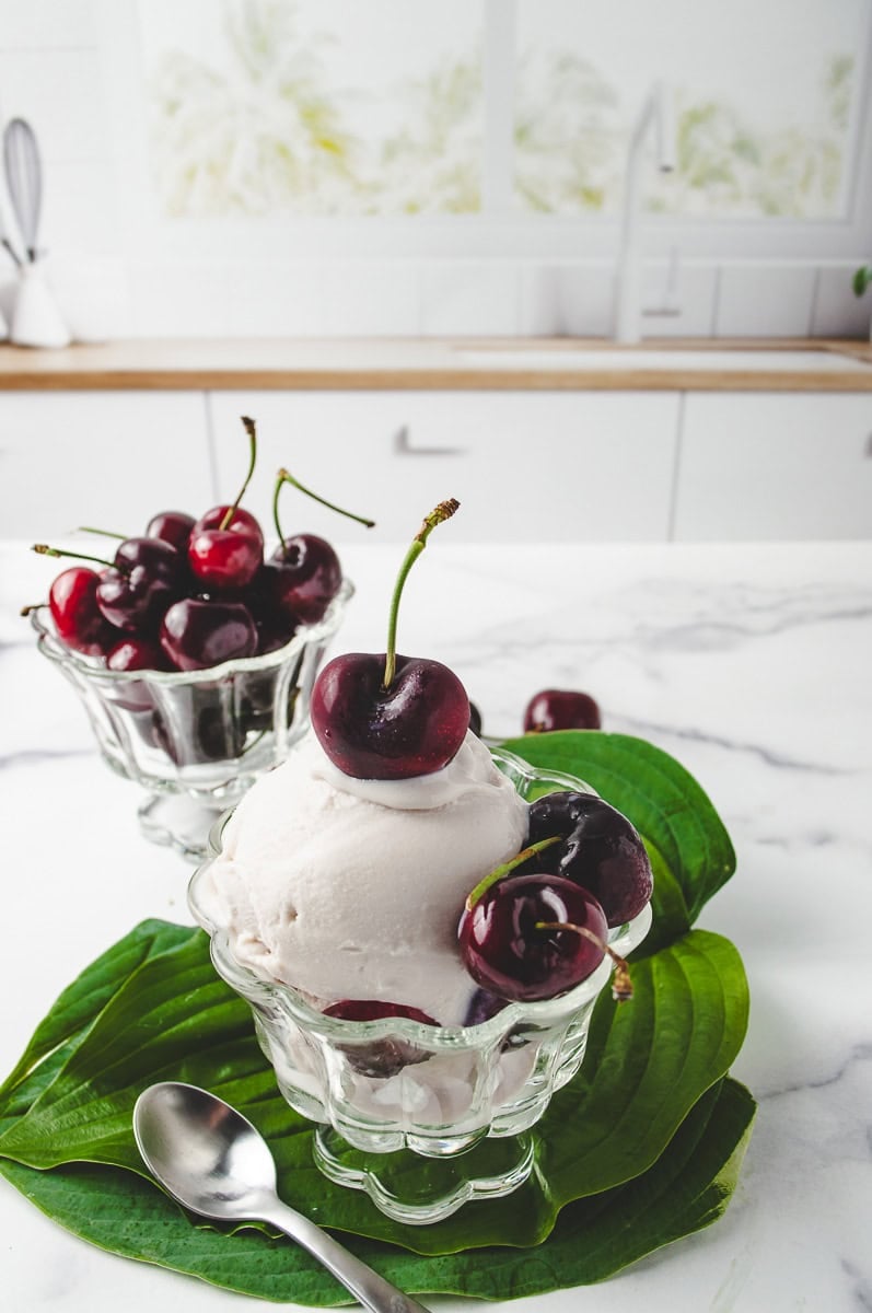Glass dish of Cherry Frozen Yogurt topped with fresh cherries, served on a green leaf with a spoon. Made with the Cherry Ninja Creami method, this Frozen Yogurt Recipe features Ninja Creami Frozen Fruit for a creamy and refreshing dessert. A perfect example of Frozen Cherry Recipes and Frozen Cherry Recipes Healthy, easy to make at home with the Ninja Creami Frozen Yogurt Recipe technique.