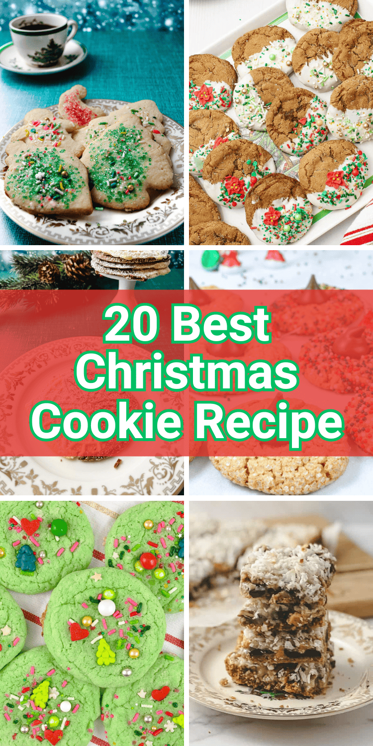 A collage of colorful holiday treats titled "20 Best Christmas Cookie Recipe" featuring decorated sugar cookies, ginger molasses cookies dipped in white chocolate, stacked pizzelle cookies, green Grinch cookies with festive sprinkles, chewy magic cookie bars with coconut, and classic peanut butter blossoms. Perfect for Christmas baking, cookie exchanges, and holiday dessert tables.