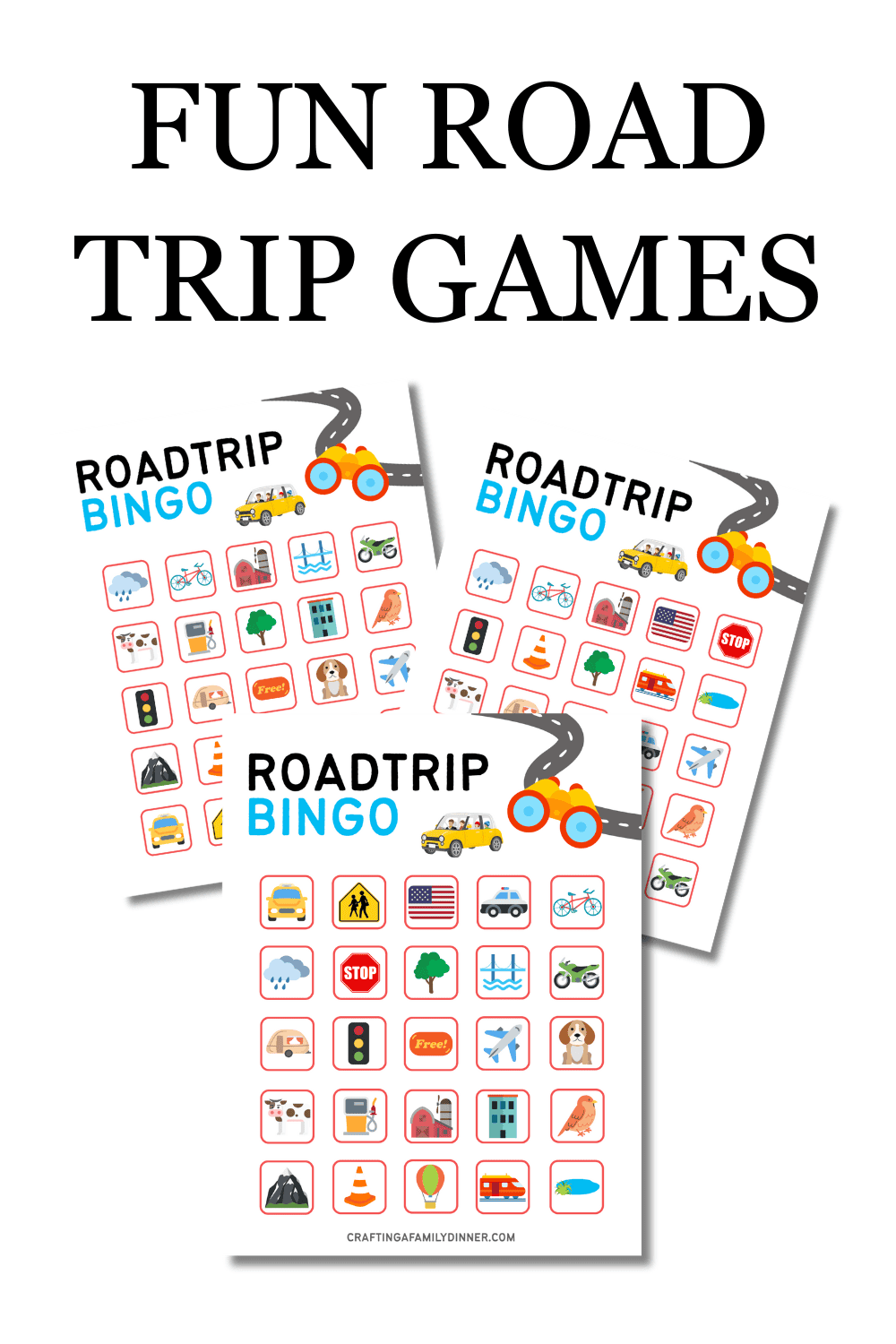 Colorful Road Trip Bingo cards designed for kids travel activities and screen free fun. A perfect printable road trip game to keep children entertained on long car rides.