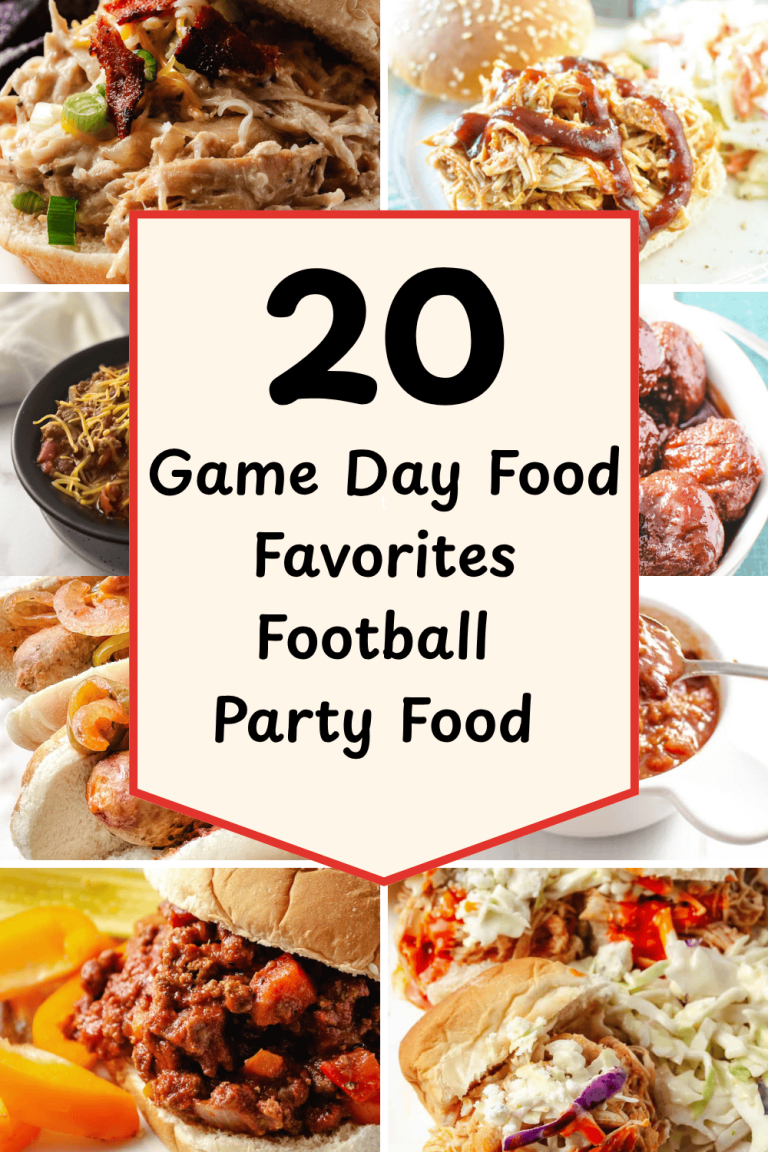 a collage of football party foods like pulled pork sandwiches, chili, meatballs, sliders, and sausage sandwiches. Center text overlay reads “20 Game Day Food Favorites Football Party Food” in bold black font on a cream background with a red border.