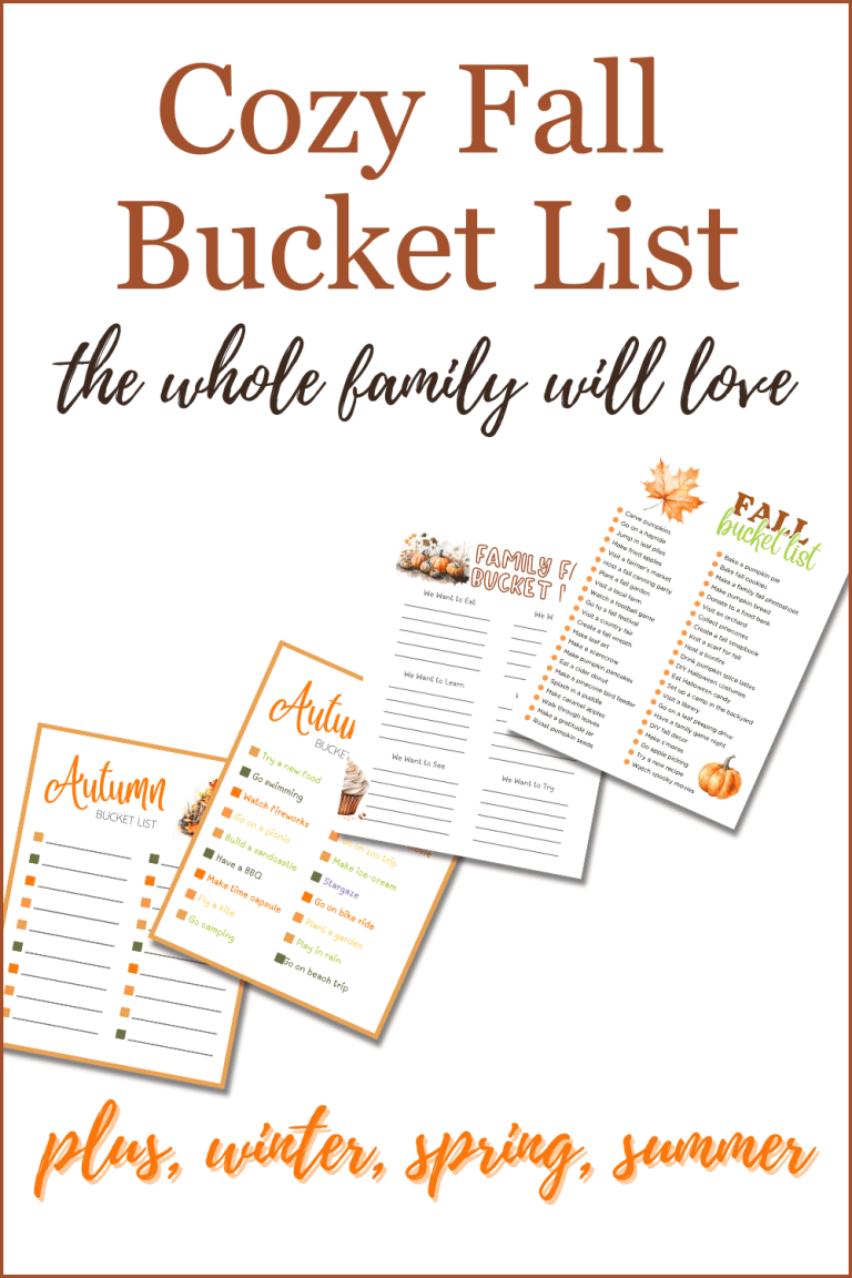 Cozy Fall Bucket List printable cover with text “Cozy Fall Bucket List the whole family will love” and “plus, winter, spring, summer.” Includes a collage of four colorful seasonal bucket list pages featuring fall and autumn activities for families and kids.