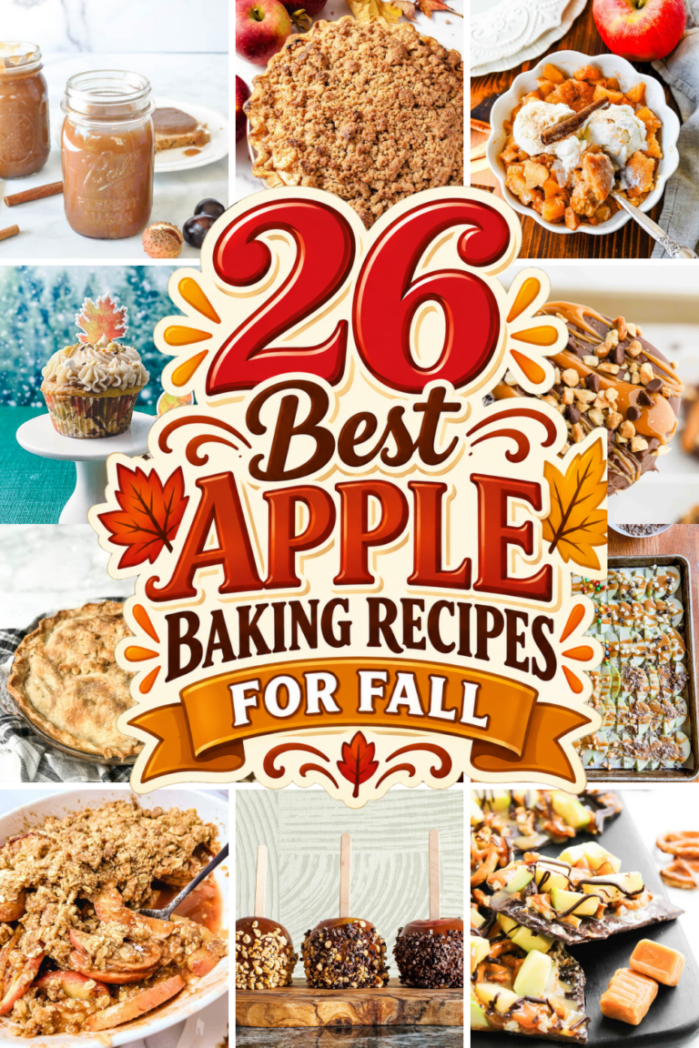 Collage of 26 best apple baking recipes for fall, featuring apple crisp with an oat crumble topping, caramel apples on wooden sticks, an apple cupcake on a white cake stand, caramel drizzled apple bars, and a jar of homemade apple butter with cinnamon sticks, arranged around a red, brown, and orange fall title graphic on a white background.