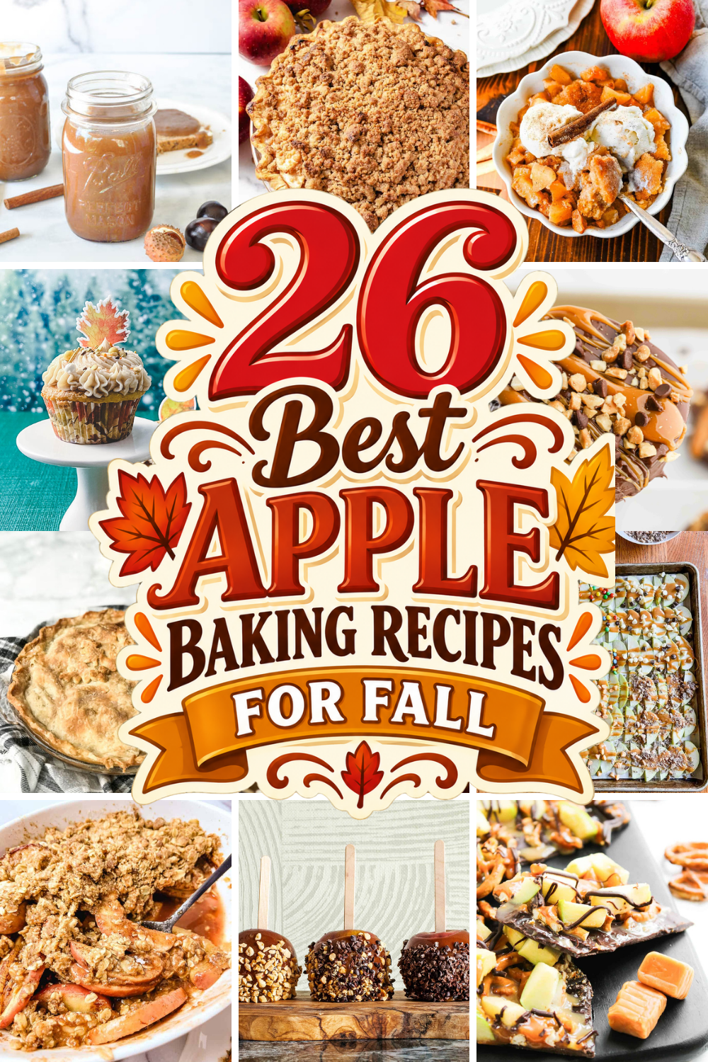Collage of 26 best apple baking recipes for fall, featuring apple crisp with an oat crumble topping, caramel apples on wooden sticks, an apple cupcake on a white cake stand, caramel drizzled apple bars, and a jar of homemade apple butter with cinnamon sticks, arranged around a red, brown, and orange fall title graphic on a white background.