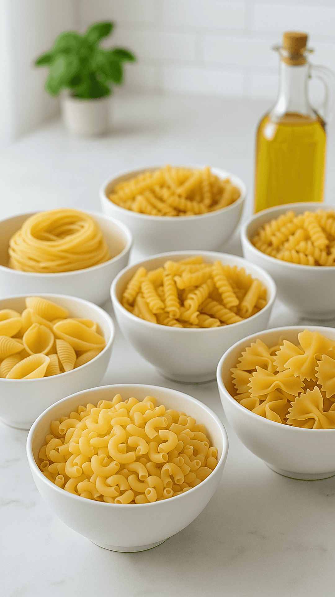 Different types of pastaβspaghetti, penne, shells, rotini, farfalleβdry uncooked pasta in white bowls on a marble counter.
