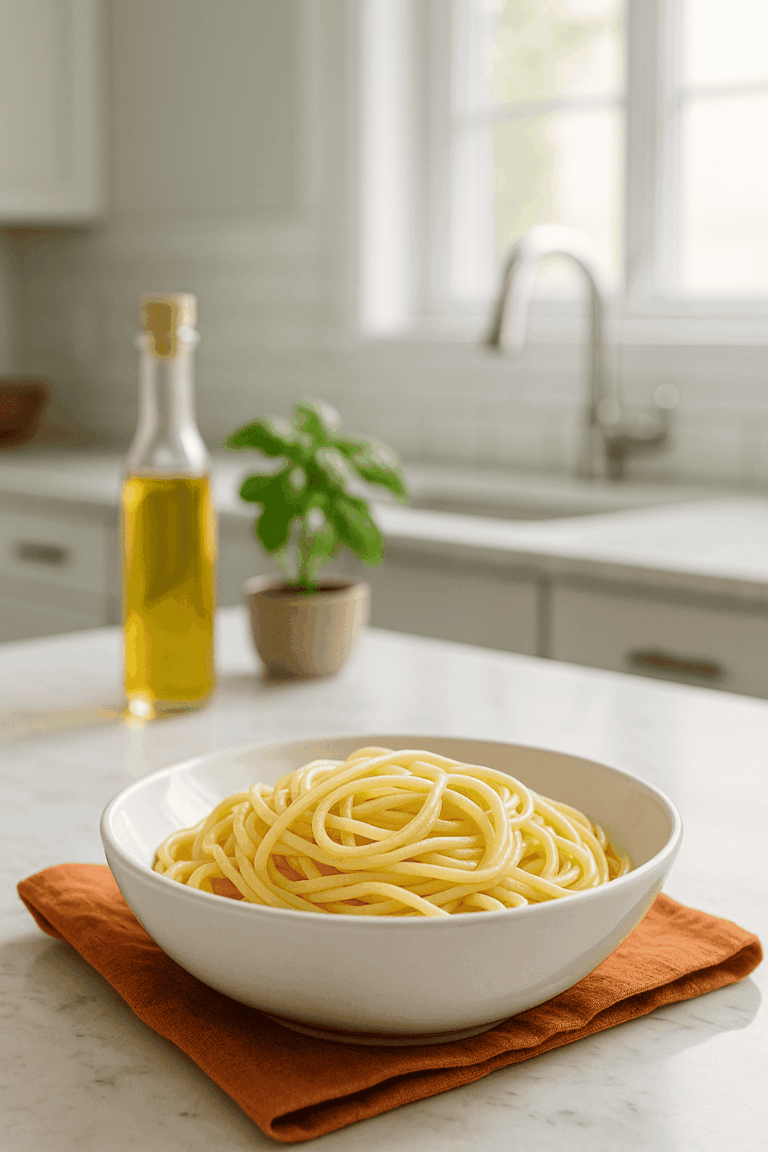 Close-up of plain spaghetti in a white bowl on an orange napkin in a light, minimal kitchen.
