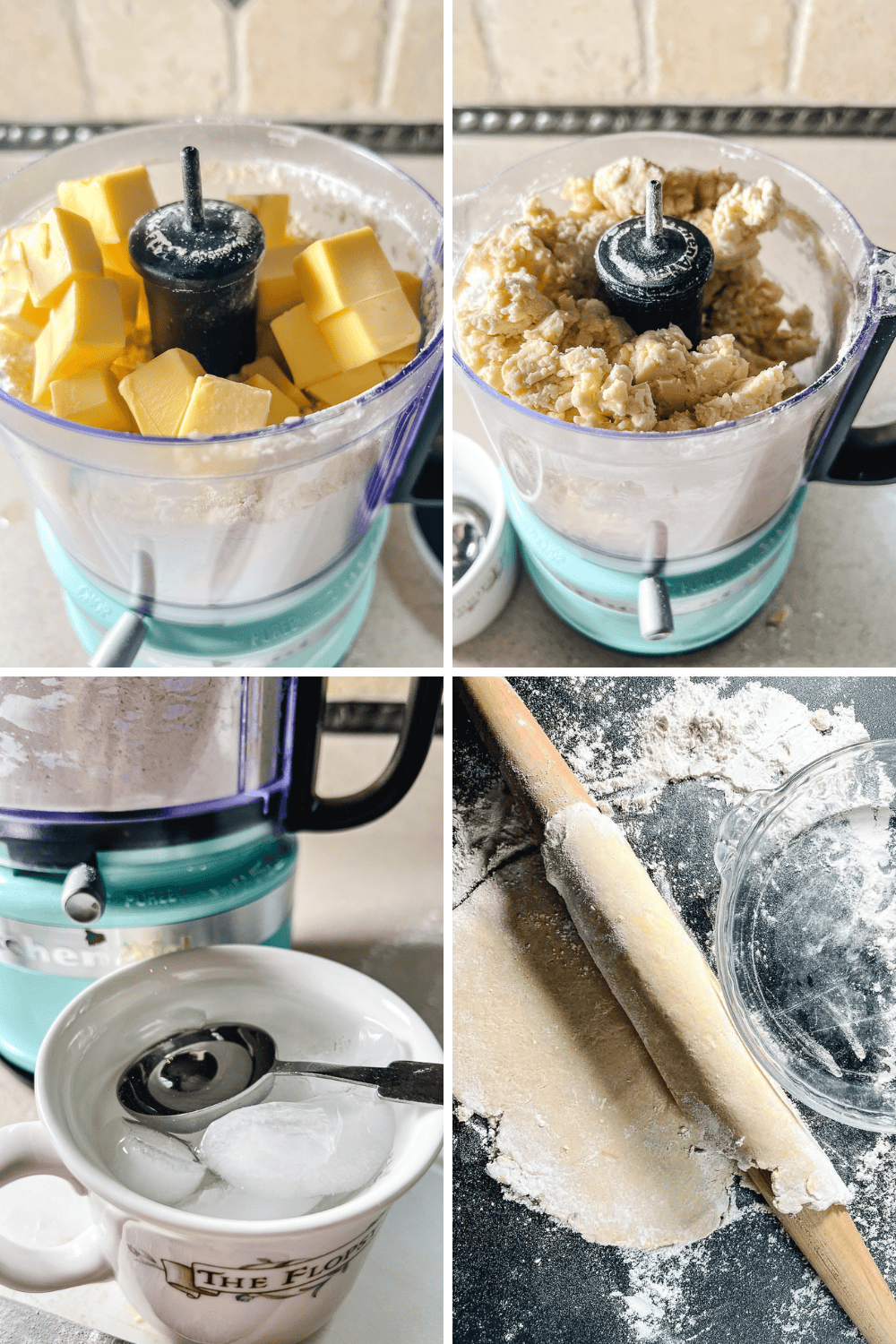 Step-by-step photos showing how to make an easy homemade pie crust in a mini food processor. The first image shows cold butter cubes added to flour, the second shows a crumbly dough mixture, the third includes a cup of ice water for mixing, and the fourth shows the flaky pie crust dough rolled out with a wooden rolling pin, ready for baking a buttery, perfect pie crust.