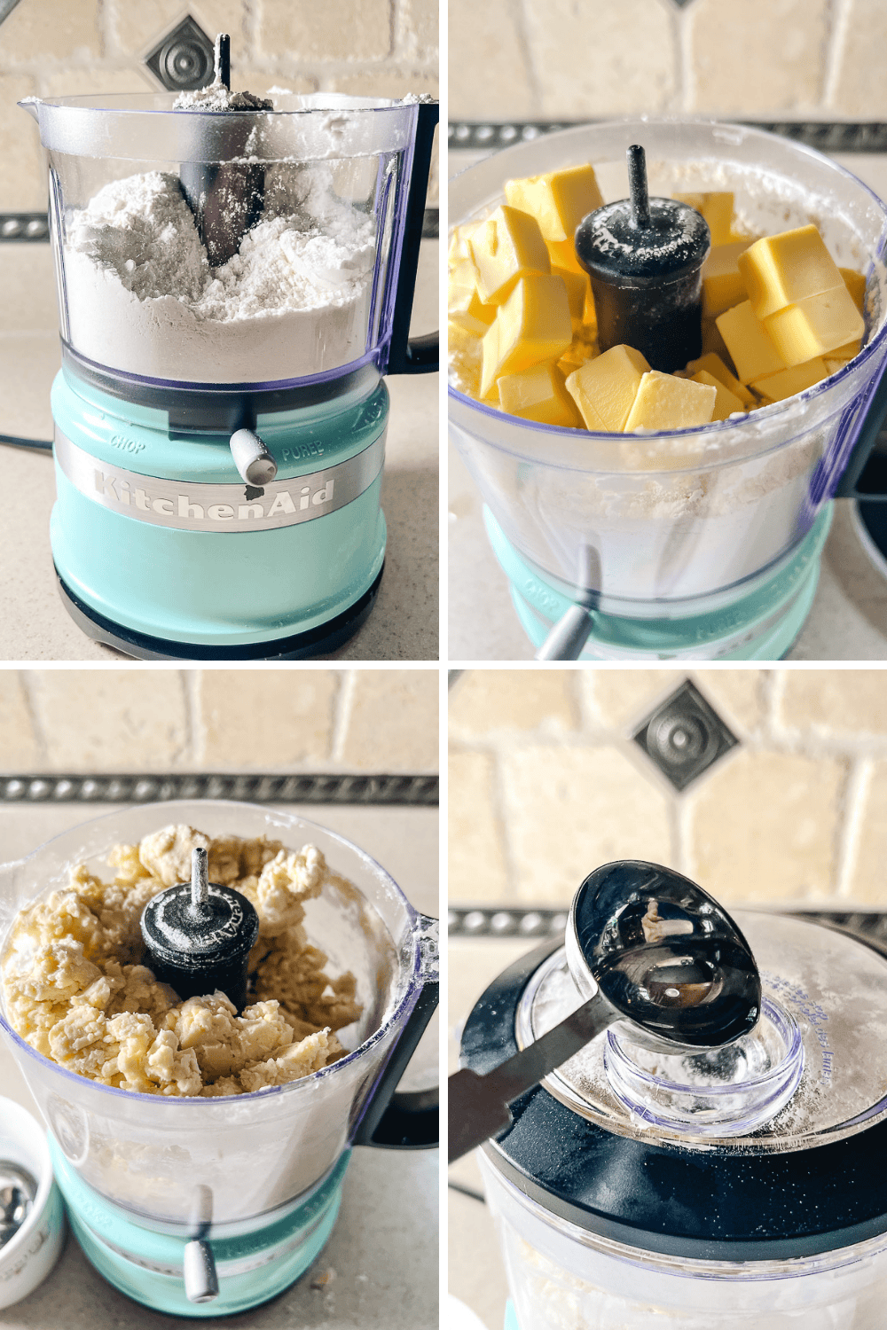 Step-by-step images showing how to make an easy homemade pie crust in a mini food processor combining flour, cold butter cubes, and ice water to create a flaky buttery dough that’s simple, quick, and perfect for every pie you bake with love.
