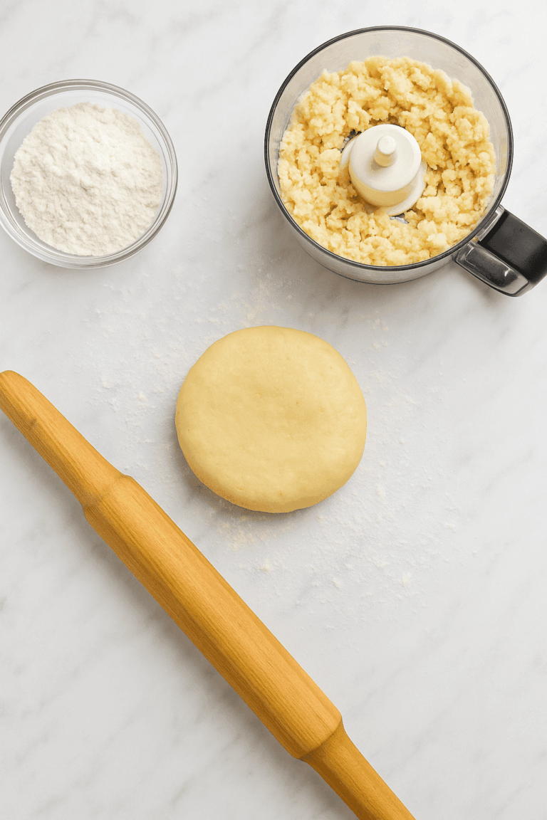 A freshly rolled flaky pie crust dough on a lightly floured marble surface with a buttery pie crust texture, next to a wooden rolling pin and a small glass bowl of flour, showing the steps for making an easy homemade pie crust perfect for savory pies or pie crust recipes.