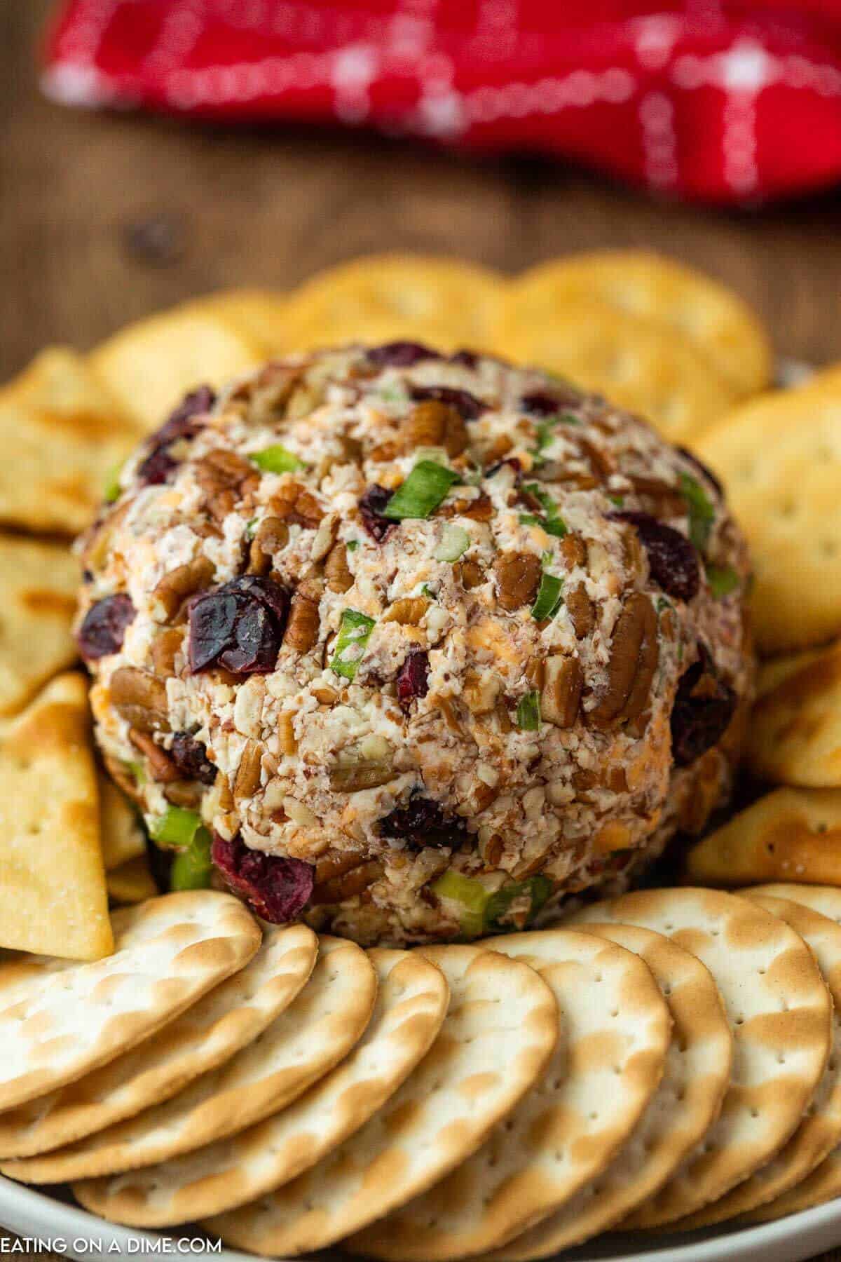 Christmas Cheese Ball rolled in pecans, green onions, and dried cranberries, served with crackers β a festive favorite for holiday appetizers and seasonal cheese ball recipes.