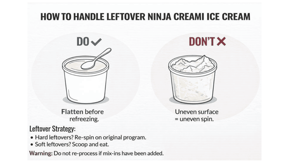 Ninja Creami leftover ice cream guide showing a flat surface before refreezing versus an uneven surface that causes uneven spinning, with tips for re-spinning hard leftovers and scooping soft leftovers without reprocessing mix-ins.