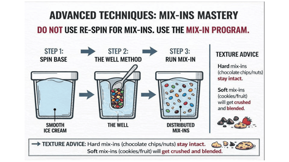 Ninja Creami mix-in guide showing the well method, where mix-ins are added after spinning the base and blended using the Mix-In program so chocolate chips, nuts, cookies, and fruit stay evenly distributed without being crushed.