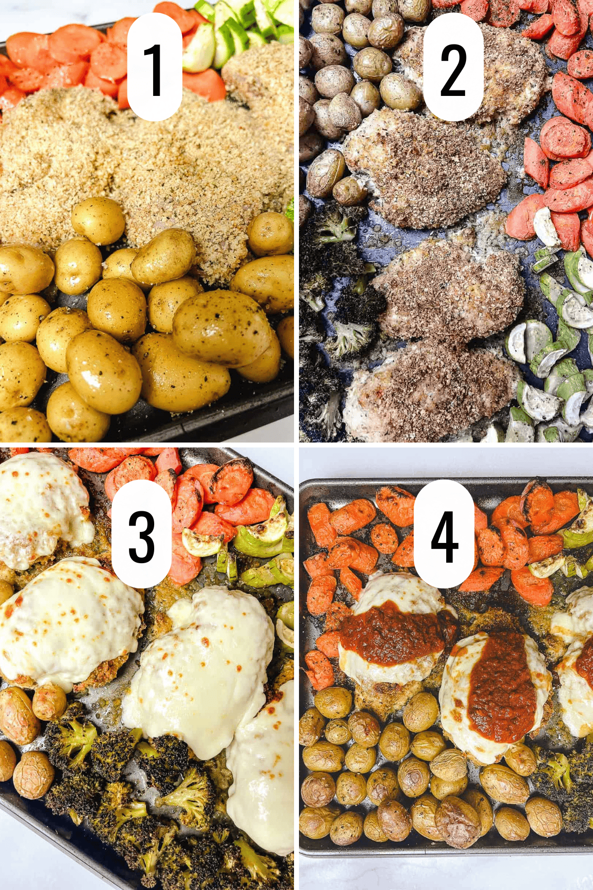 Four-step collage showing sheet pan chicken parmesan from breaded chicken to baked parmesan crusted chicken with marinara and melted mozzarella prepared as a one pan meal.