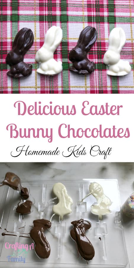 Homemade Easter chocolate bunny candy kids craft with dark and white chocolate bunnies on a plaid background
