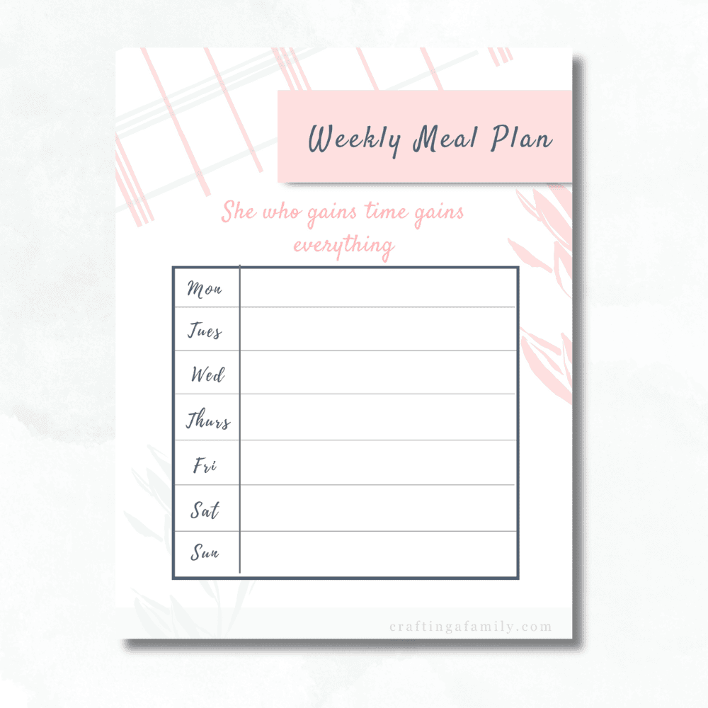 Pink and green weekly meal planner page.