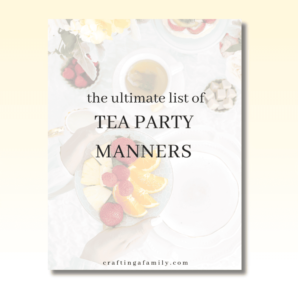 Tea Party Manners workbook cover with a faded tea party table top down. 