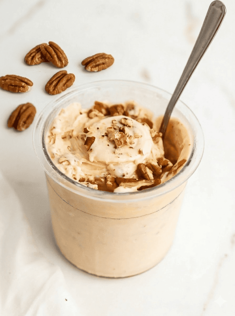 A Ninja Creami pint filled with creamy butter pecan protein ice cream topped with chopped pecans and a silver spoon on a white marble surface with whole pecans scattered alongside for a high protein non-dairy butter pecan Ninja Creami recipe.