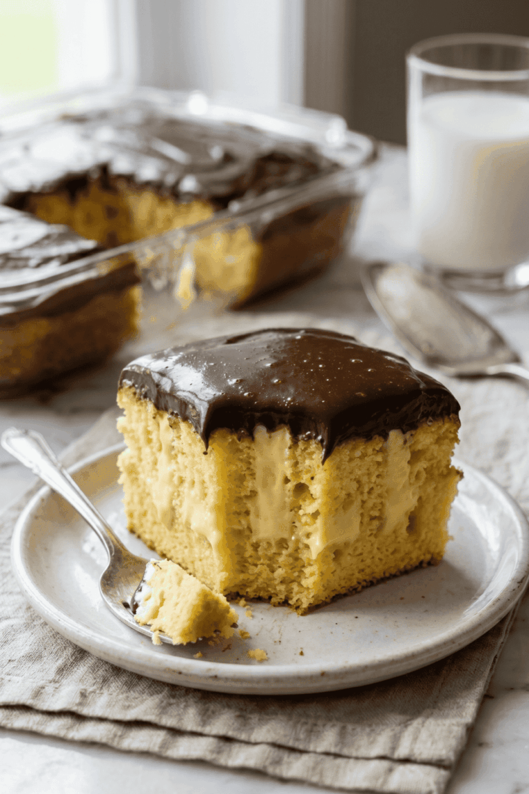 A slice of Boston cream poke cake on a white speckled plate with a silver fork, showing a golden yellow cake filled with creamy vanilla pudding and topped with a thick glossy chocolate ganache, with the glass baking pan and a glass of milk visible in the background on a marble surface.