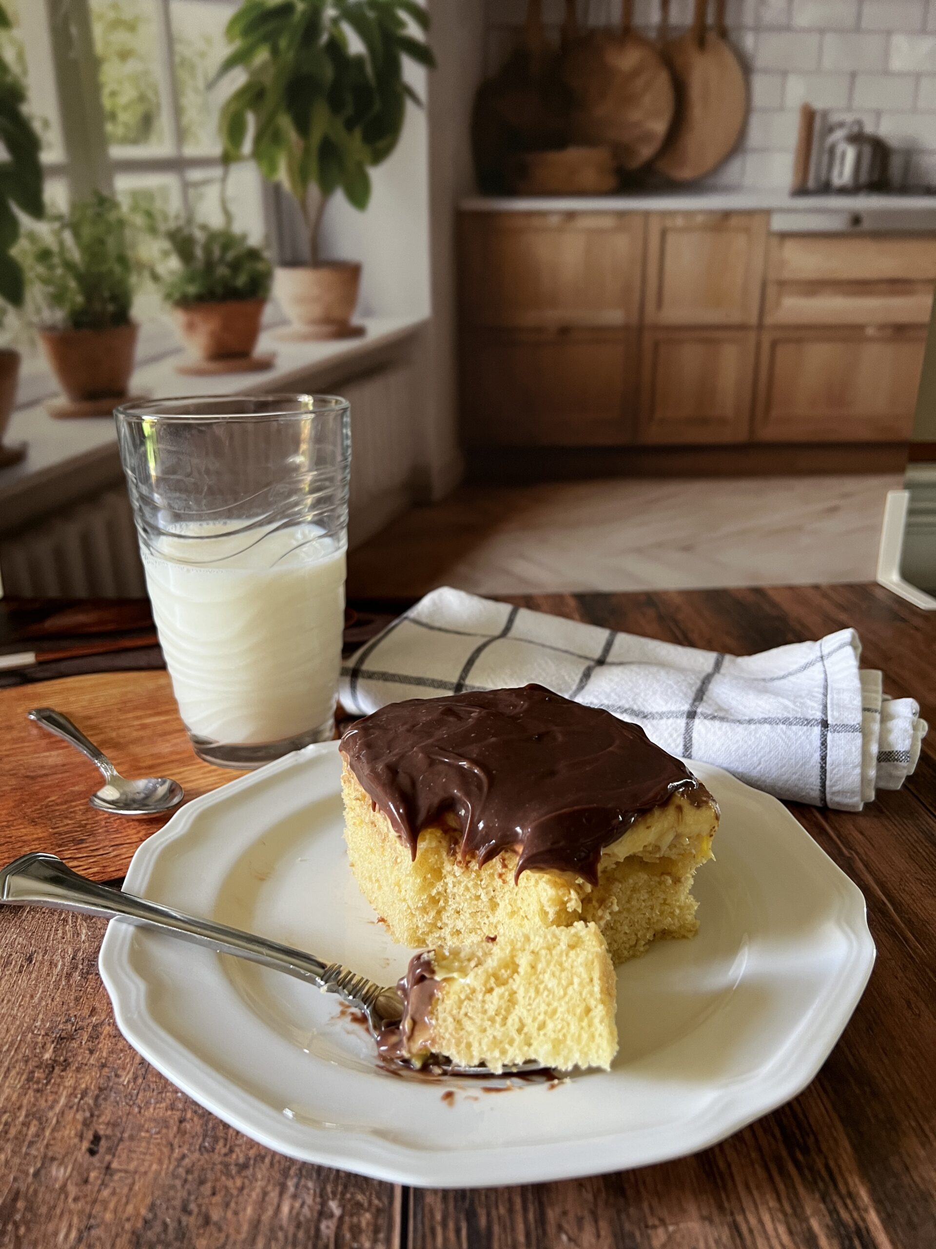 A slice of Boston cream poke cake on a white scalloped plate with a silver fork, showing a golden yellow cake topped with thick glossy chocolate ganache, with a glass of milk, a plaid napkin, and a warm kitchen background with wooden cabinets and green plants on a dark wood table.