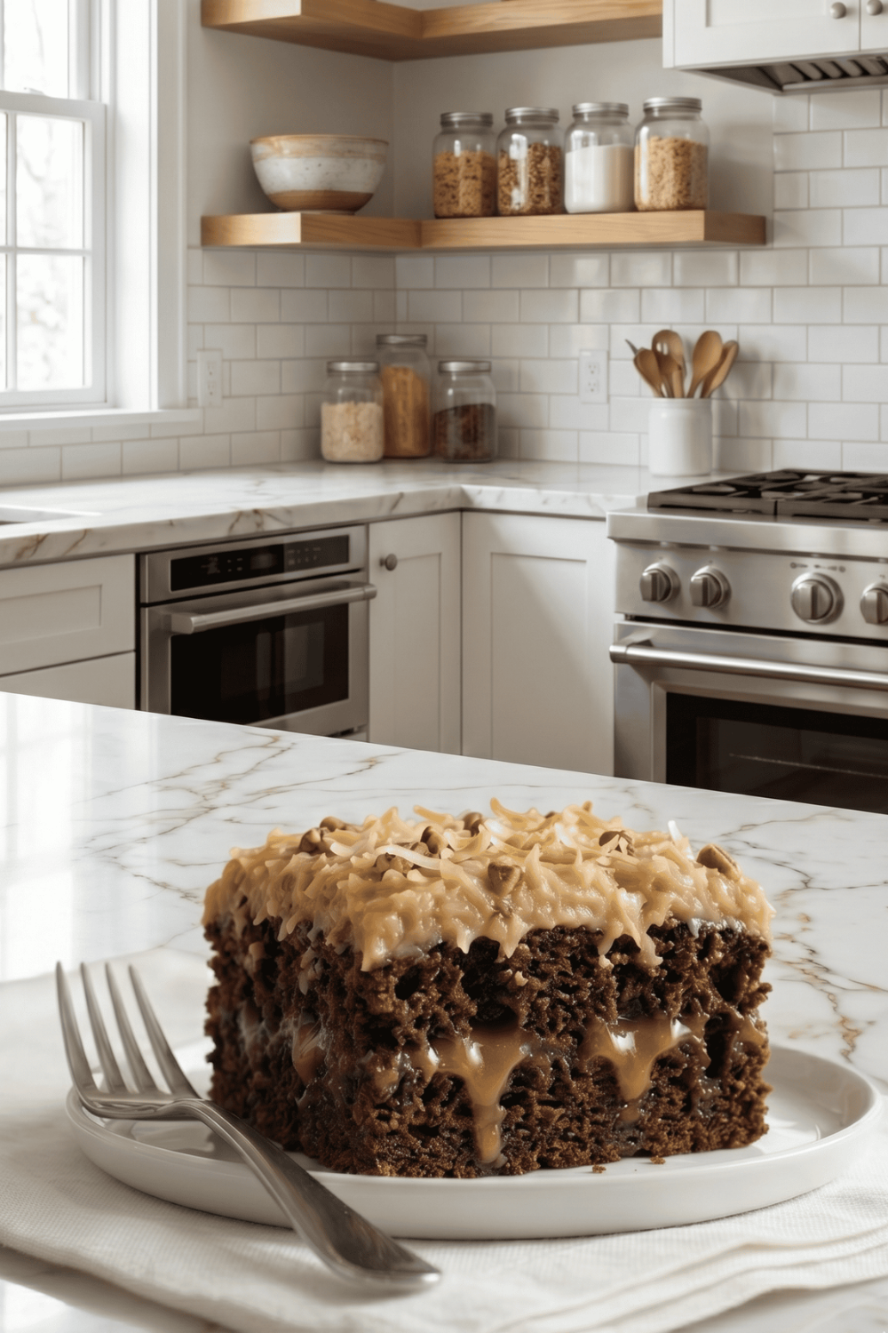 A slice of German Chocolate Poke Cake on a white plate showing the rich chocolate cake with fudge filling visible through the crumb, topped with coconut pecan frosting, on a white marble kitchen island with a stainless steel oven and open wood shelving in the background.