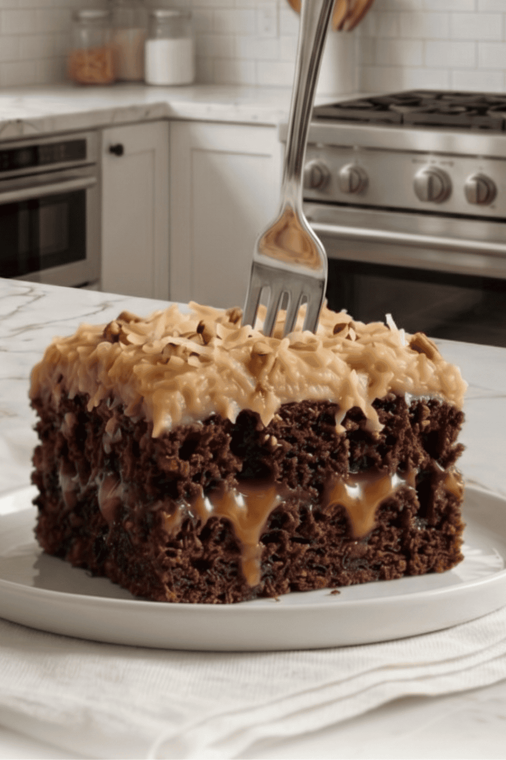A close-up slice of German chocolate poke cake on a white plate with a silver fork pressed into the top, showing a rich dark chocolate cake filled with a creamy caramel soak and topped with thick coconut pecan frosting, with white kitchen cabinets and a stainless steel stove in the background.