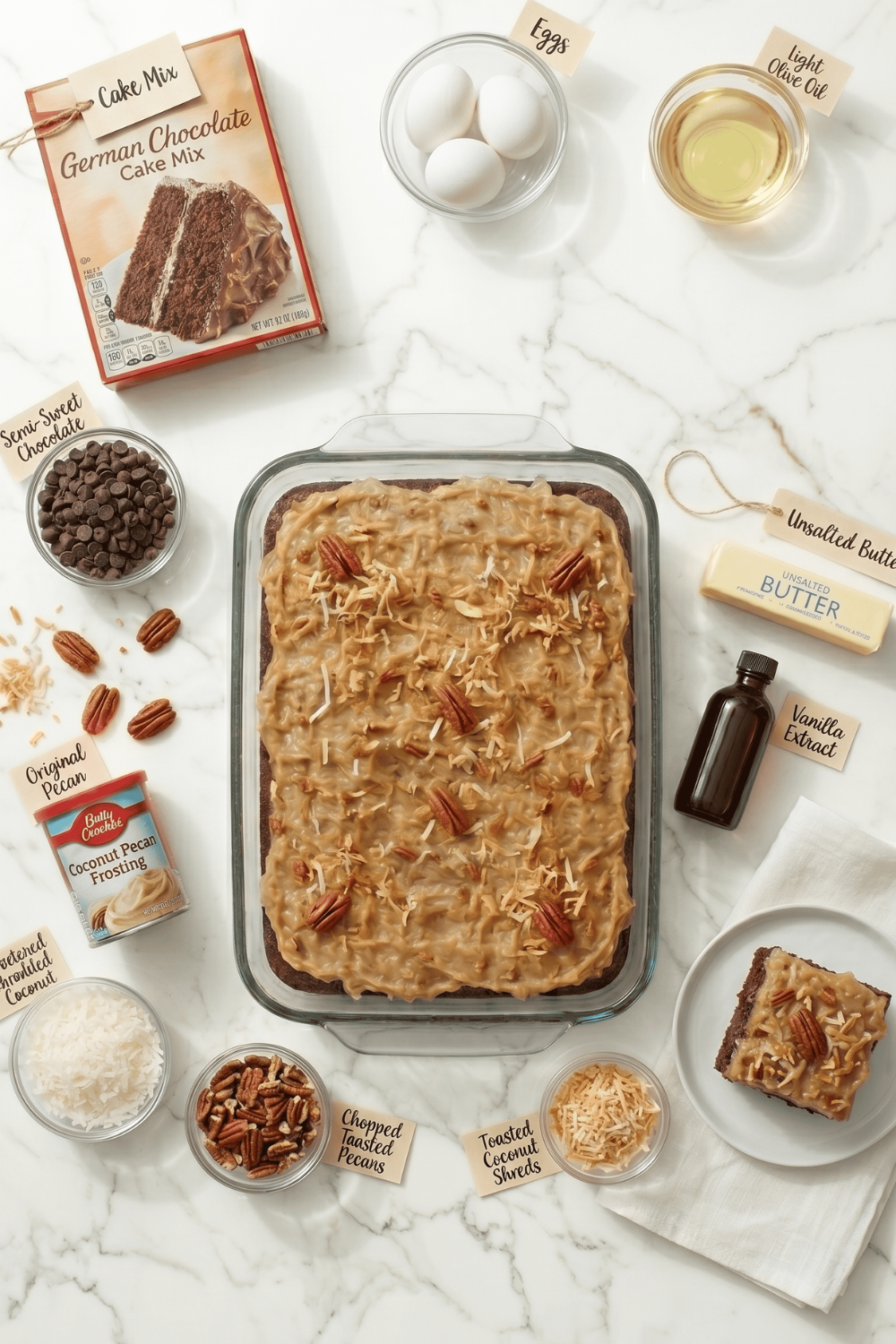 Overhead flat lay of all the ingredients for German Chocolate Poke Cake arranged around a finished cake in a clear glass 9x13 baking dish on a white marble surface, including a box of German chocolate cake mix, eggs, oil, semi-sweet chocolate chips, unsalted butter, vanilla extract, a can of coconut pecan frosting, shredded coconut, and chopped toasted pecans, each labeled with small handwritten tags.