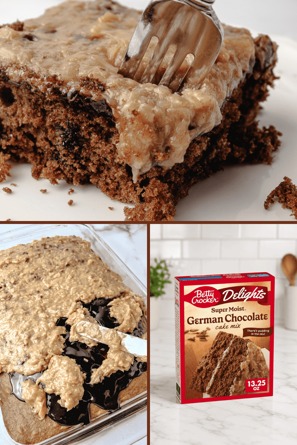 German Chocolate Poke Cake made with Betty Crocker cake mix, showing a fork pulling into a slice with coconut pecan frosting, the frosting being spread over the chocolate cake, and the cake mix box.