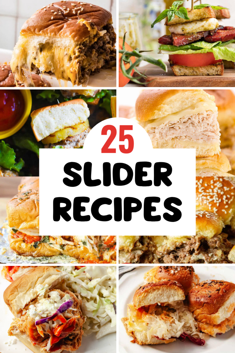 Here is your alt text, Sue: Collage of 25 graduation slider recipes including cheeseburger sliders, BLT sliders, turkey sliders, chicken parmesan sliders, buffalo chicken sliders and Reuben sliders with bold text overlay reading 25 Slider Recipes, easy graduation party food ideas for a crowd