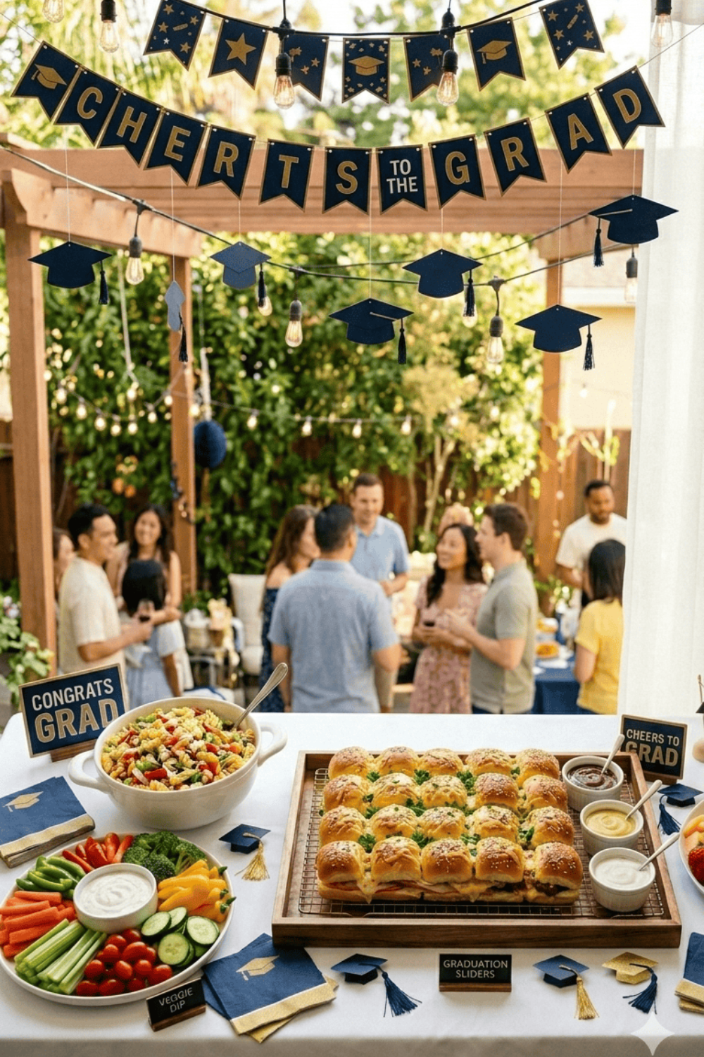 Outdoor graduation party buffet table with a large tray of golden baked sliders, pasta salad, and a veggie tray with ranch dip decorated with navy blue and gold graduation caps and Congrats Grad signs with guests celebrating in the background, graduation party food ideas for a crowd