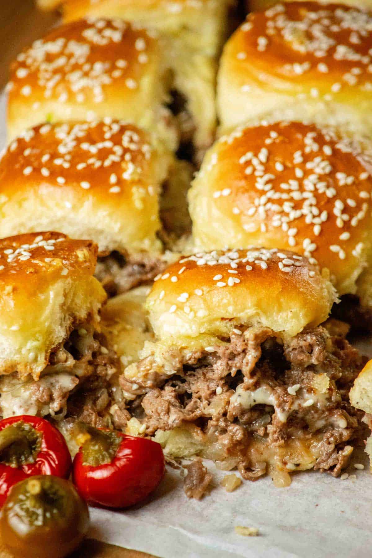 philly cheese steak sliders with some pepers 