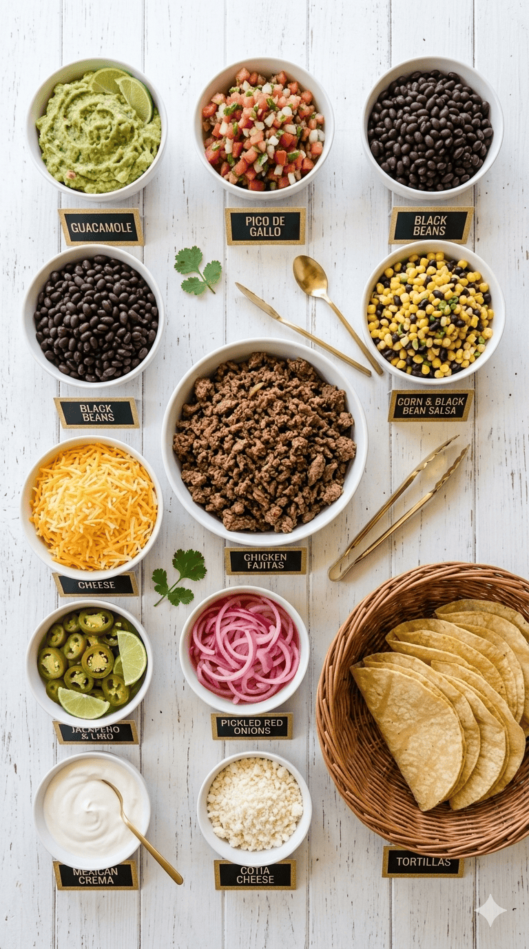 Overhead flat lay of graduation taco bar party toppings in matching white ceramic bowls, shredded Mexican cheese, bright pico de gallo, creamy guacamole, sour cream, and sliced jalapeΓ±os on a white wood surface with gold food label cards.