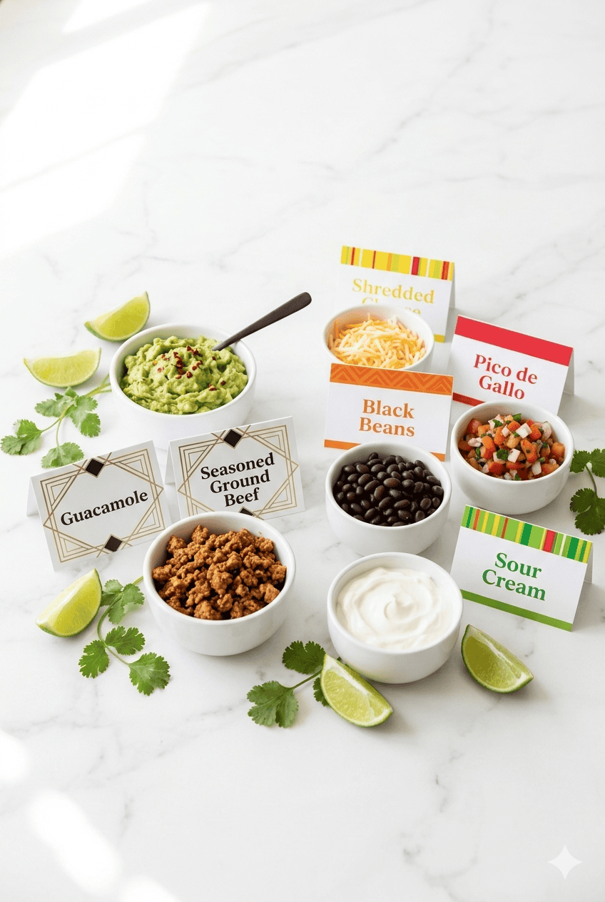 Taco bar toppings with guacamole, seasoned ground beef, black beans, shredded cheese, pico de gallo, and sour cream in small bowls with labeled place cards